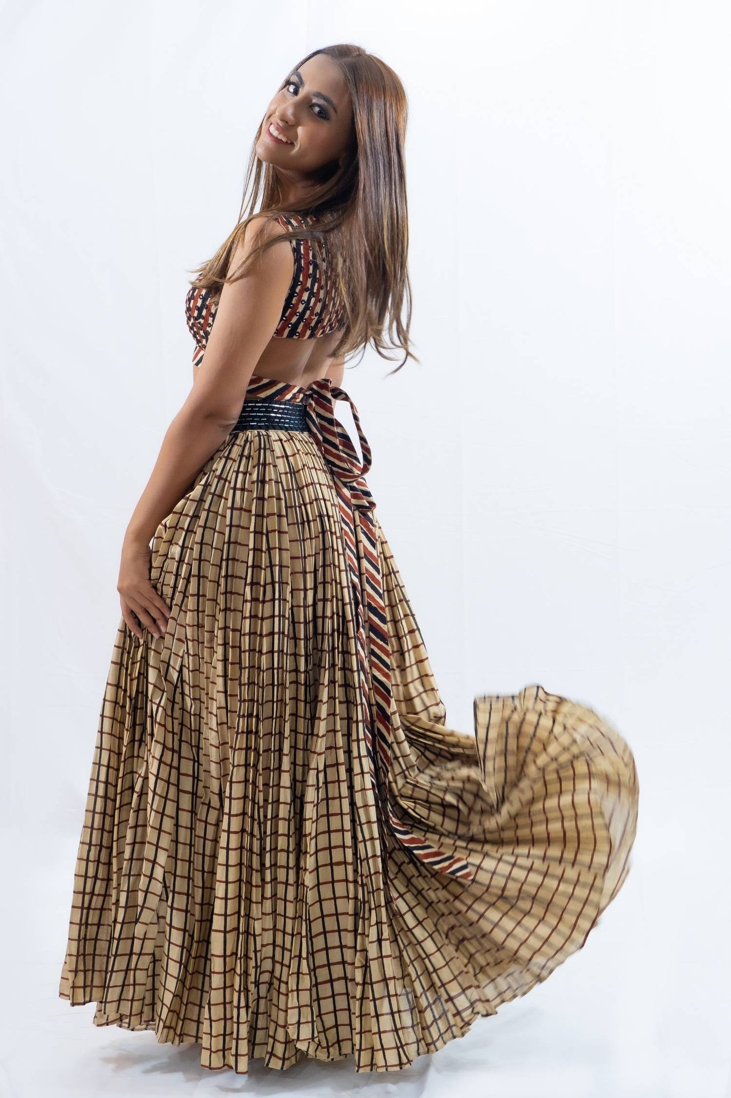 Geometric print ethnic lengha Indian outfit rental in Bangkok