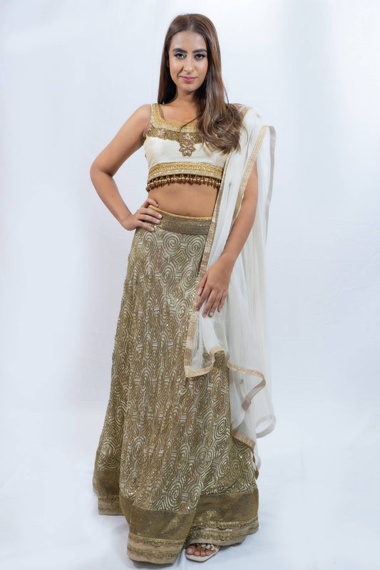 White and gold sequin lengha Indian outfit rental in Bangkok