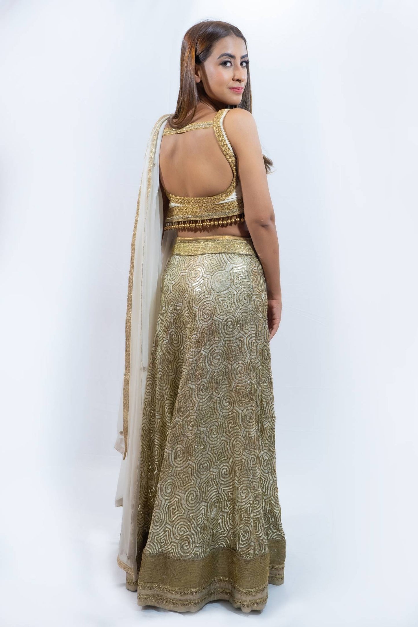 White and gold sequin lengha Indian outfit rental in Bangkok