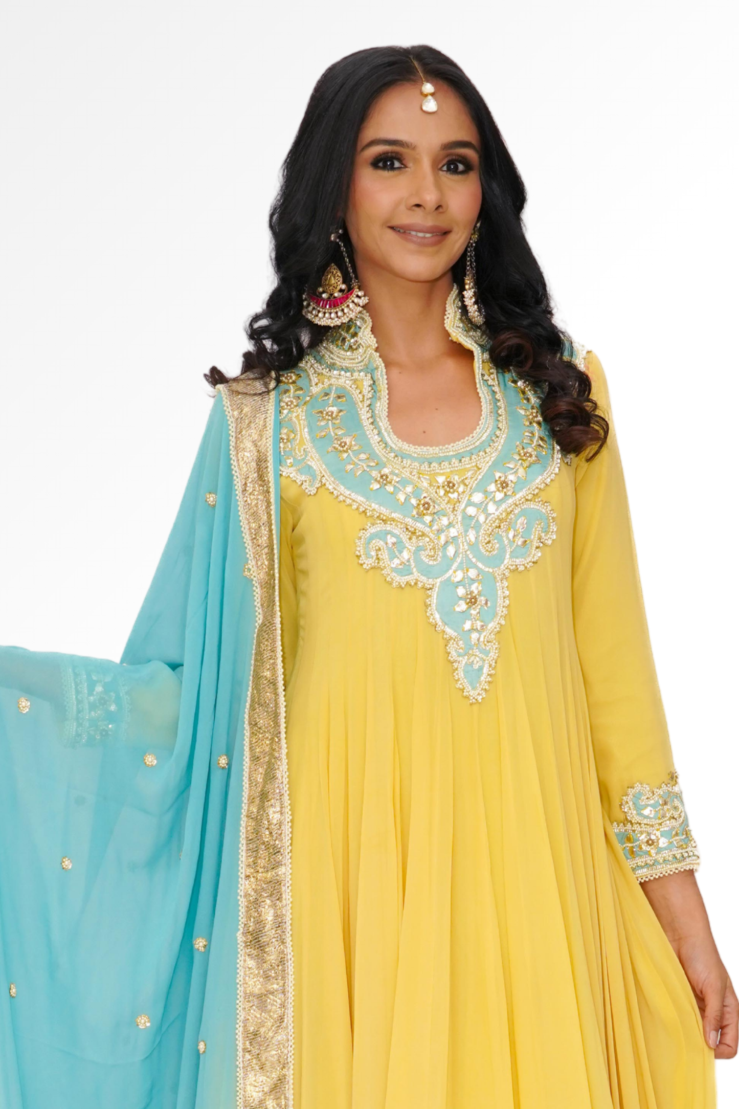 Yellow and blue anarkali for rent A Saree Story