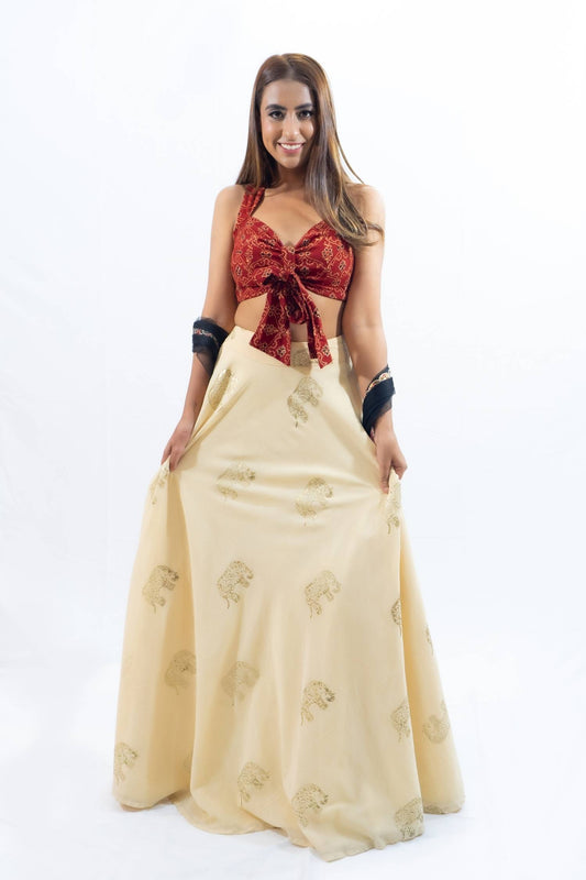 Red bowtie printed lengha with cream skirt Indian outfit rental Bangkok