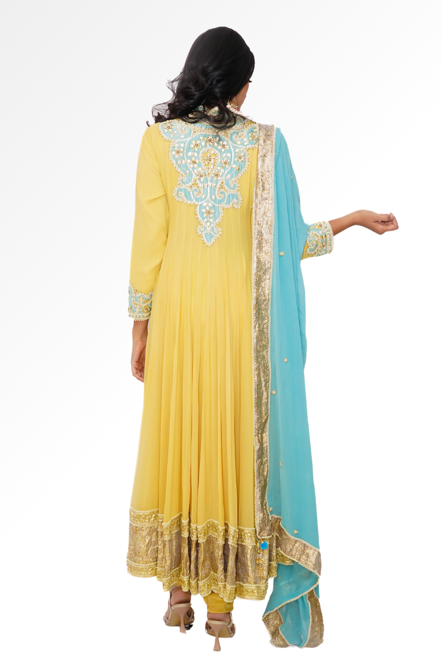 Yellow and blue anarkali for rent A Saree Story