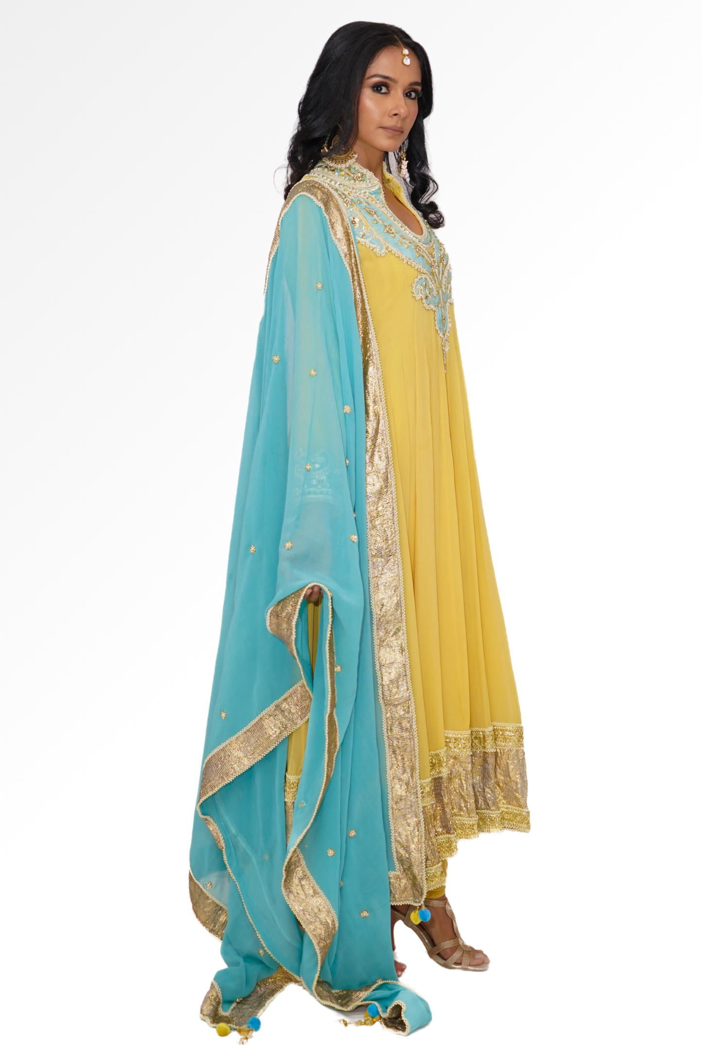 Yellow and blue anarkali for rent A Saree Story