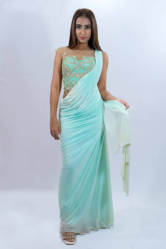 Mint green fusion saree gown Indian outfit rent Bangkok