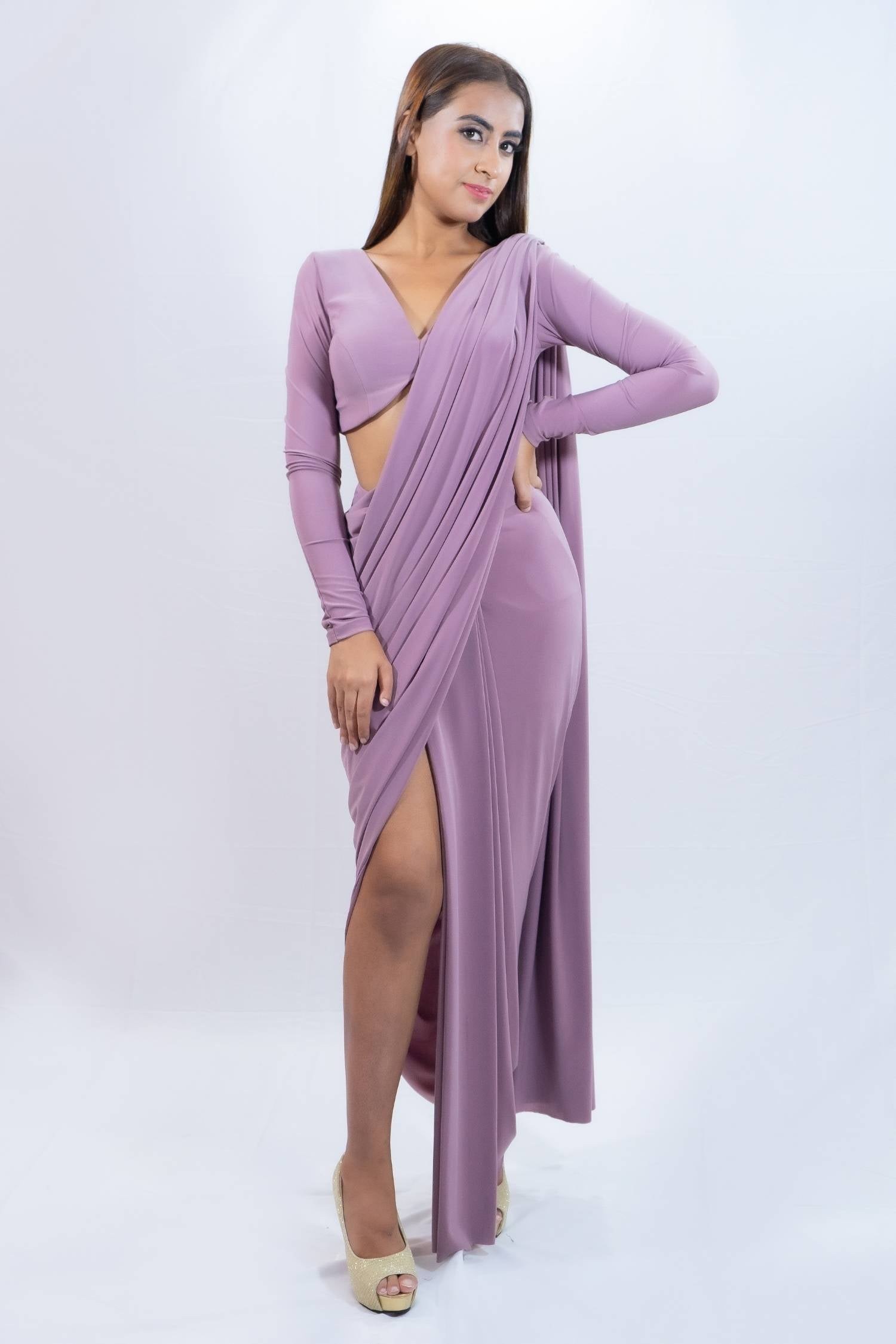 Muave purple fusion saree Indian outfit for rent in Bangkok