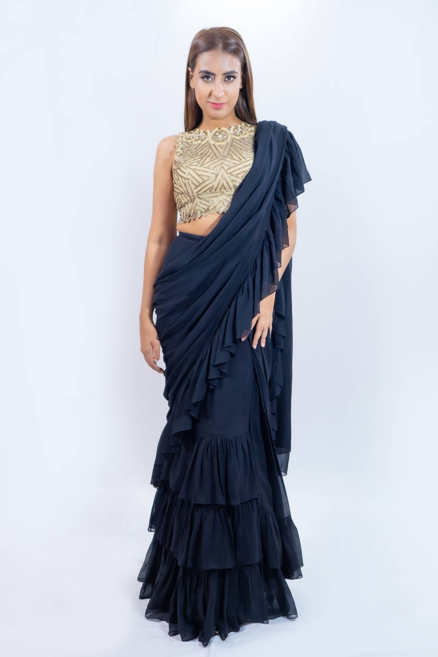 Black and Gold Fusion Saree Rent Indian clothes in Bangkok