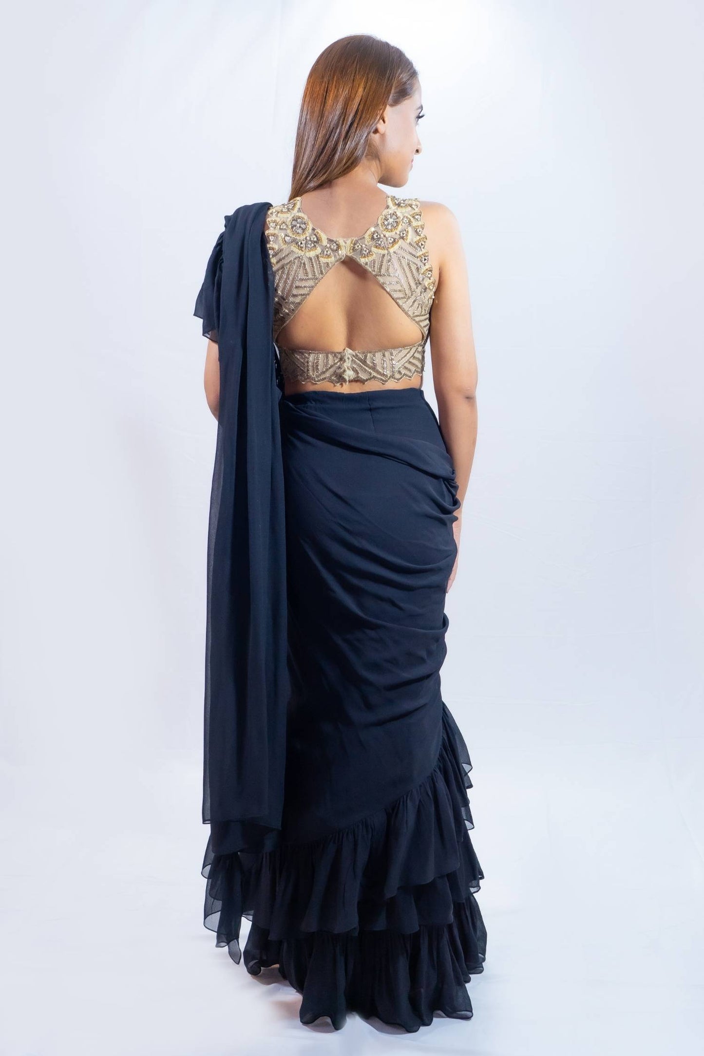 Black and Gold Fusion Saree Rent Indian clothes in Bangkok