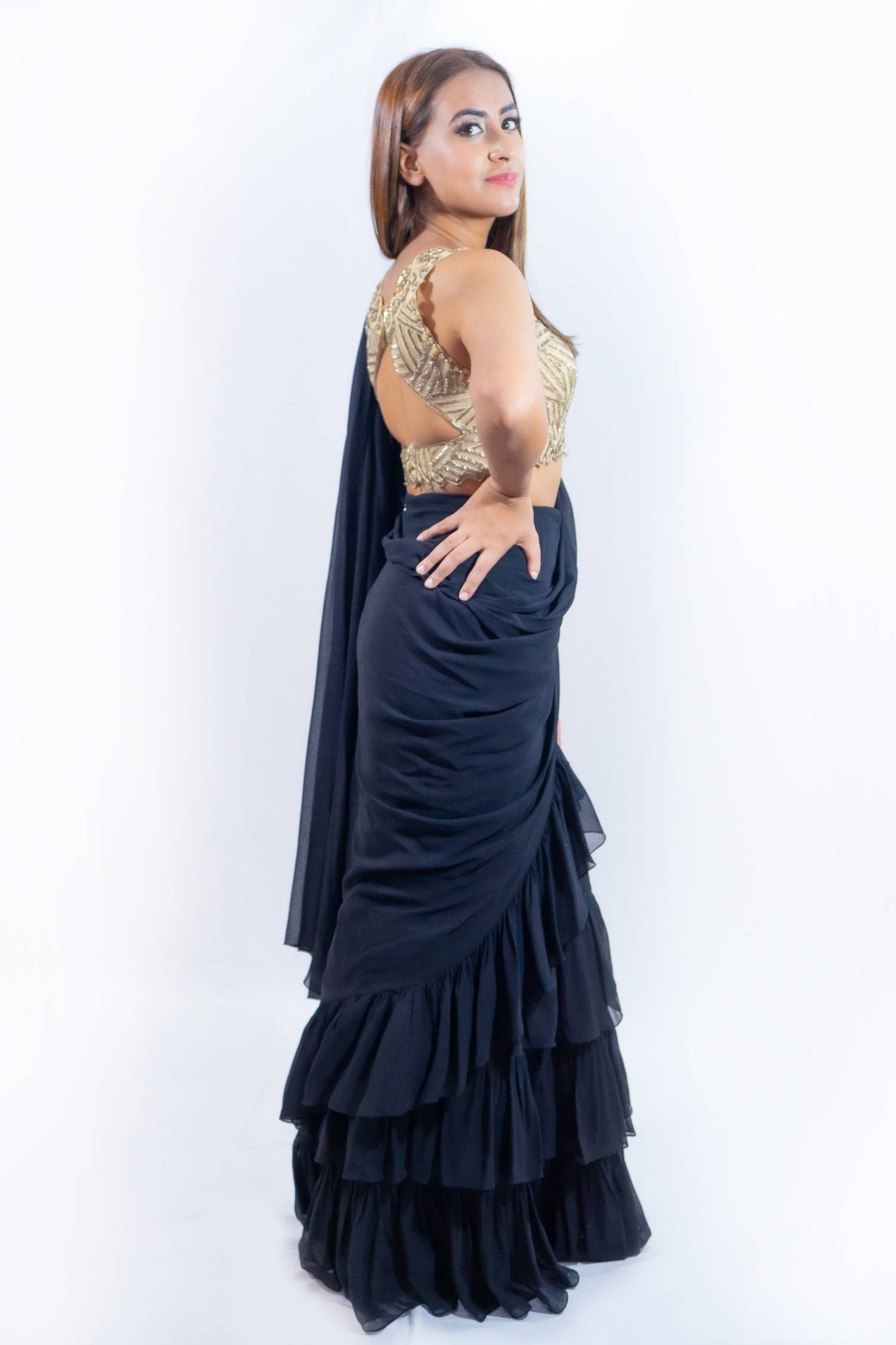 Black and Gold Fusion Saree Rent Indian clothes in Bangkok