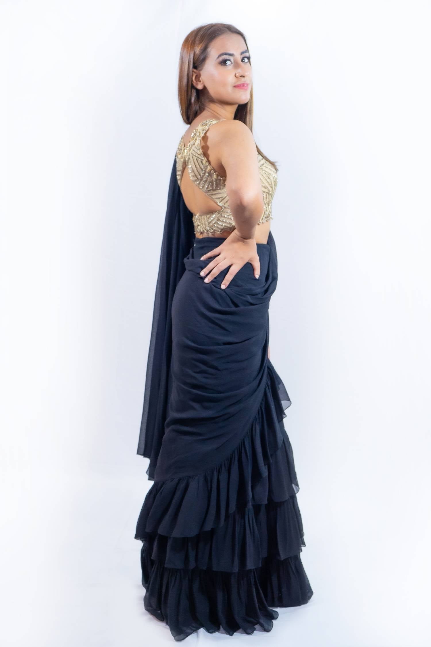 Black and Gold Fusion Saree Rent Indian clothes in Bangkok