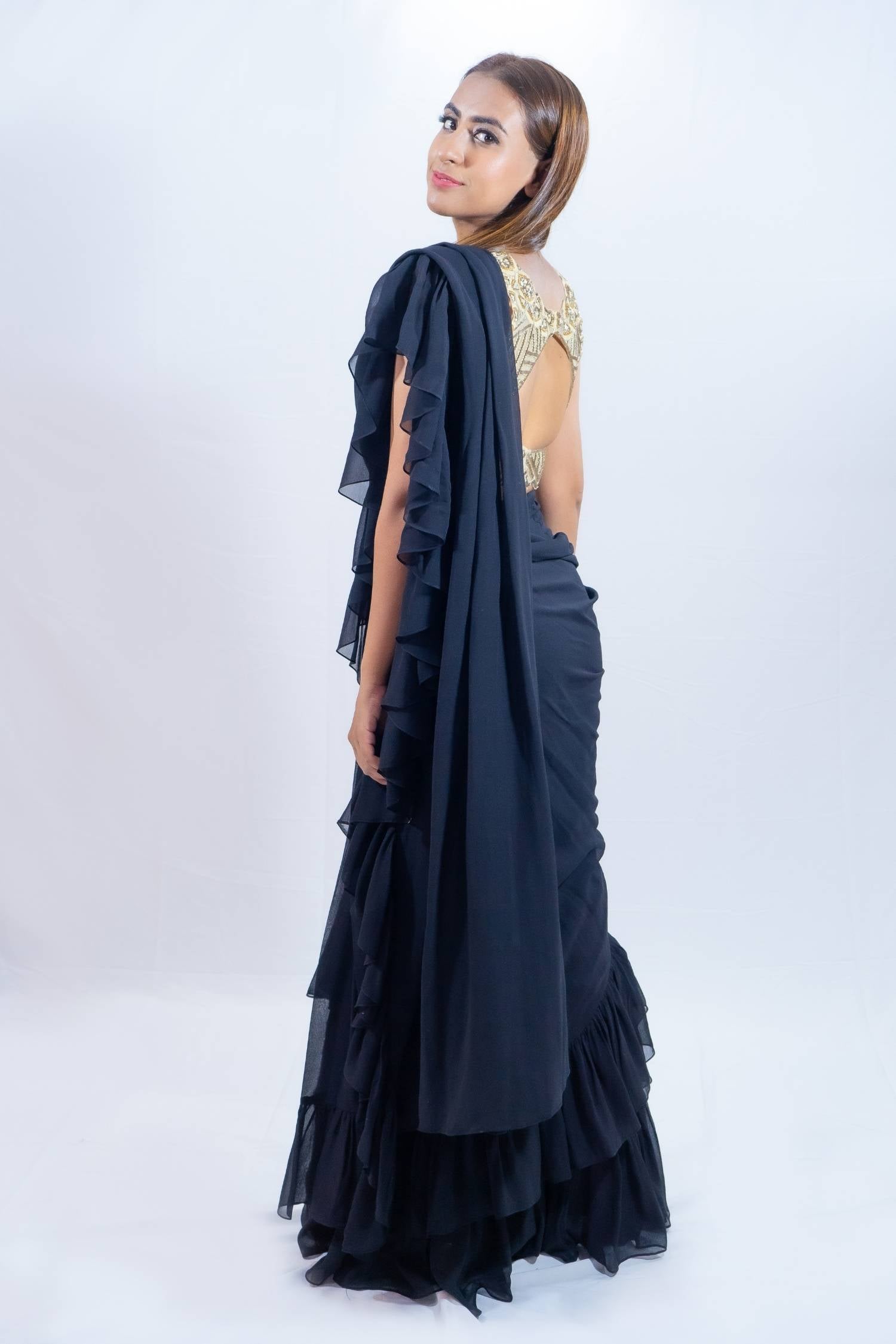 Black and Gold Fusion Saree Rent Indian clothes in Bangkok