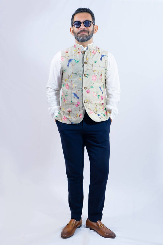 Floral and bird print vest เช่าชุดอินเดียผู้ชาย