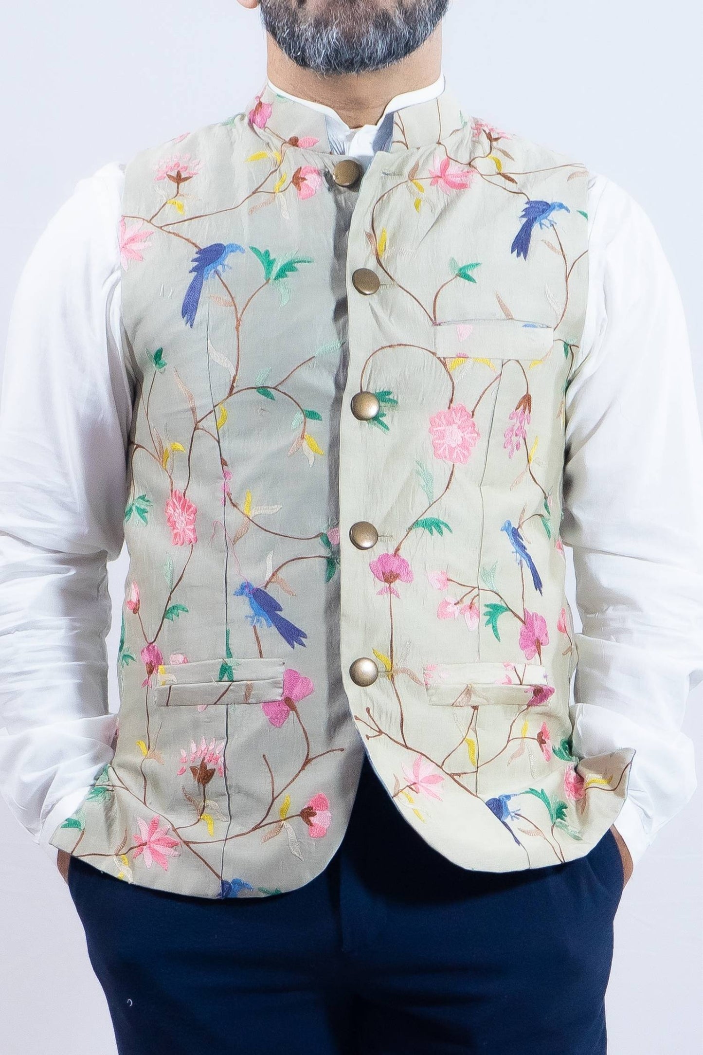 Floral and bird print vest เช่าชุดอินเดียผู้ชาย