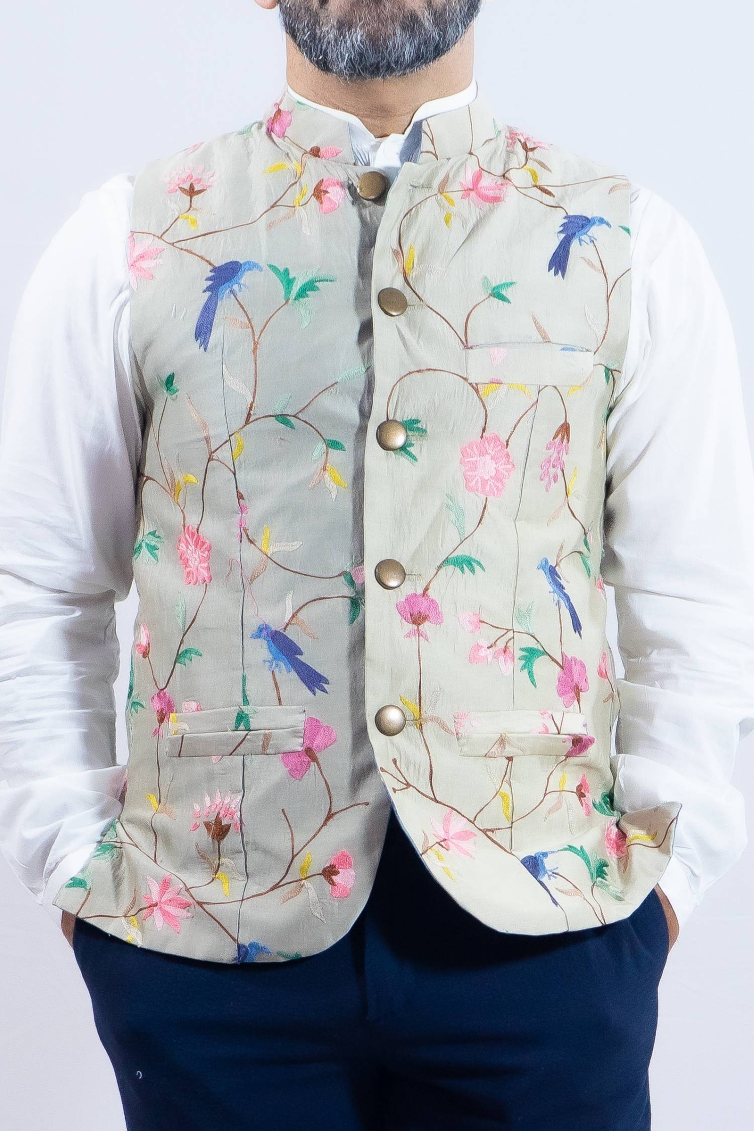 Floral and bird print vest เช่าชุดอินเดียผู้ชาย