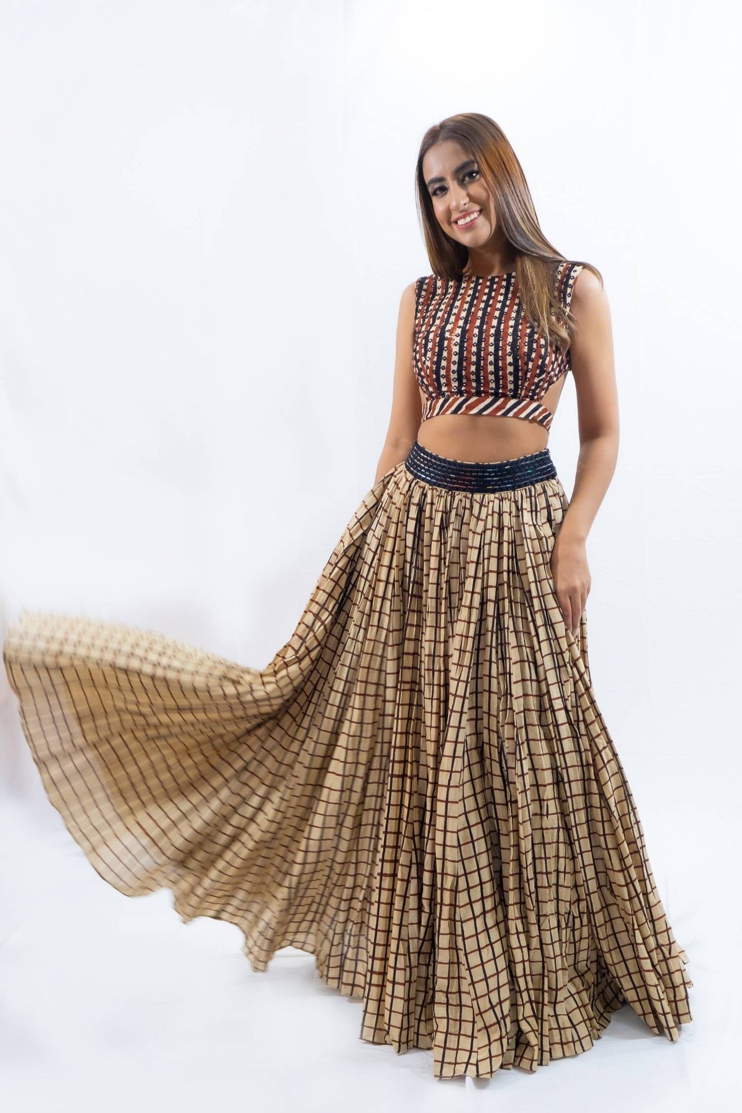 Geometric print ethnic lengha Indian outfit rental in Bangkok