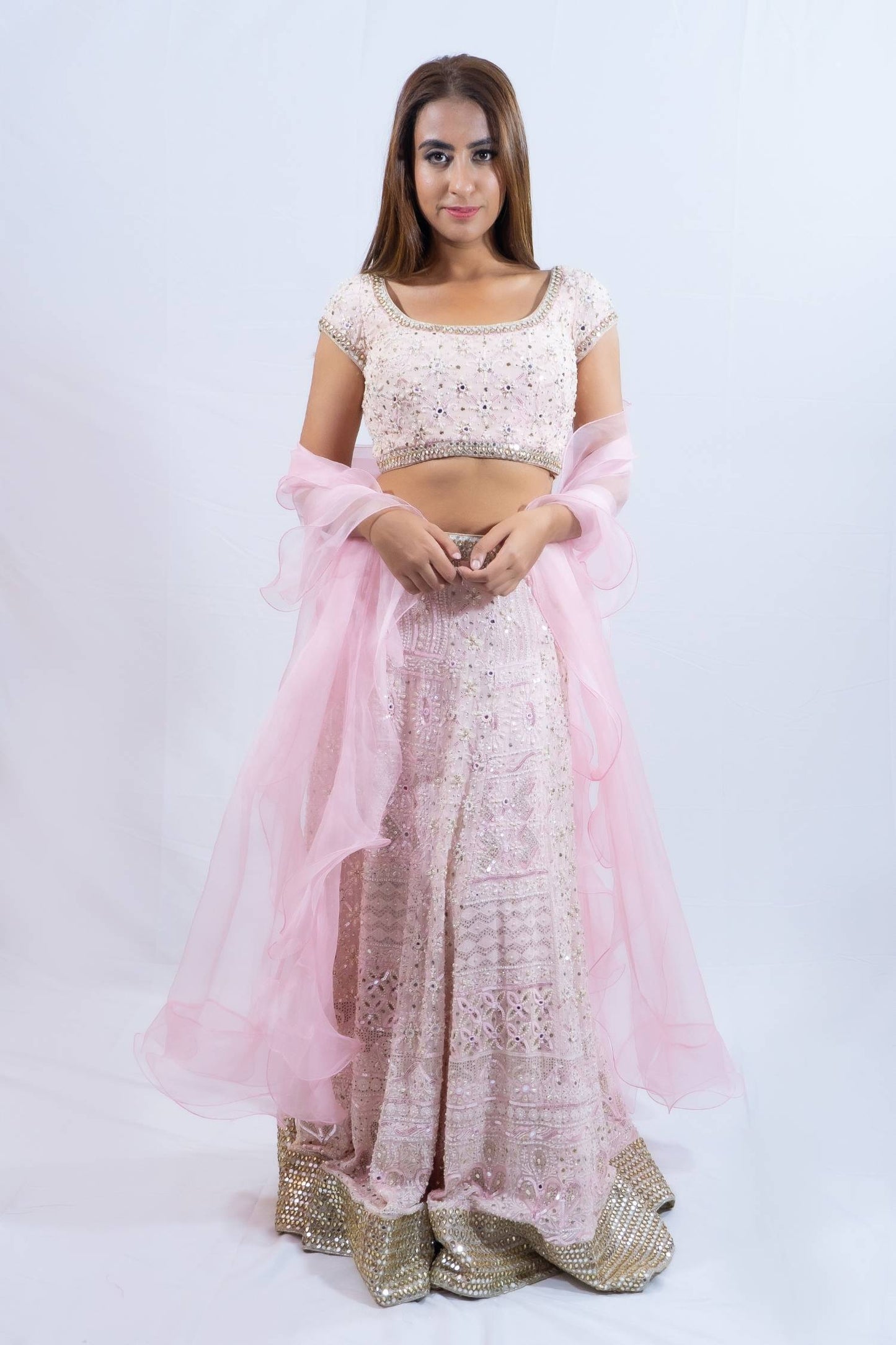 Blush pink mirror work lengha rent Indian clothes in Bangkok