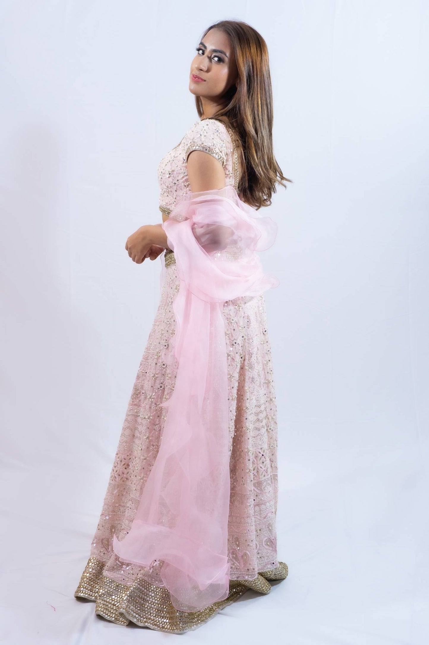 Blush pink mirror work lengha rent Indian clothes in Bangkok