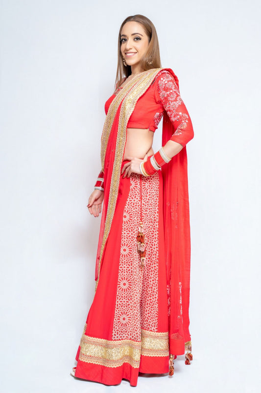 Red Coral Sharara with Gold Detail