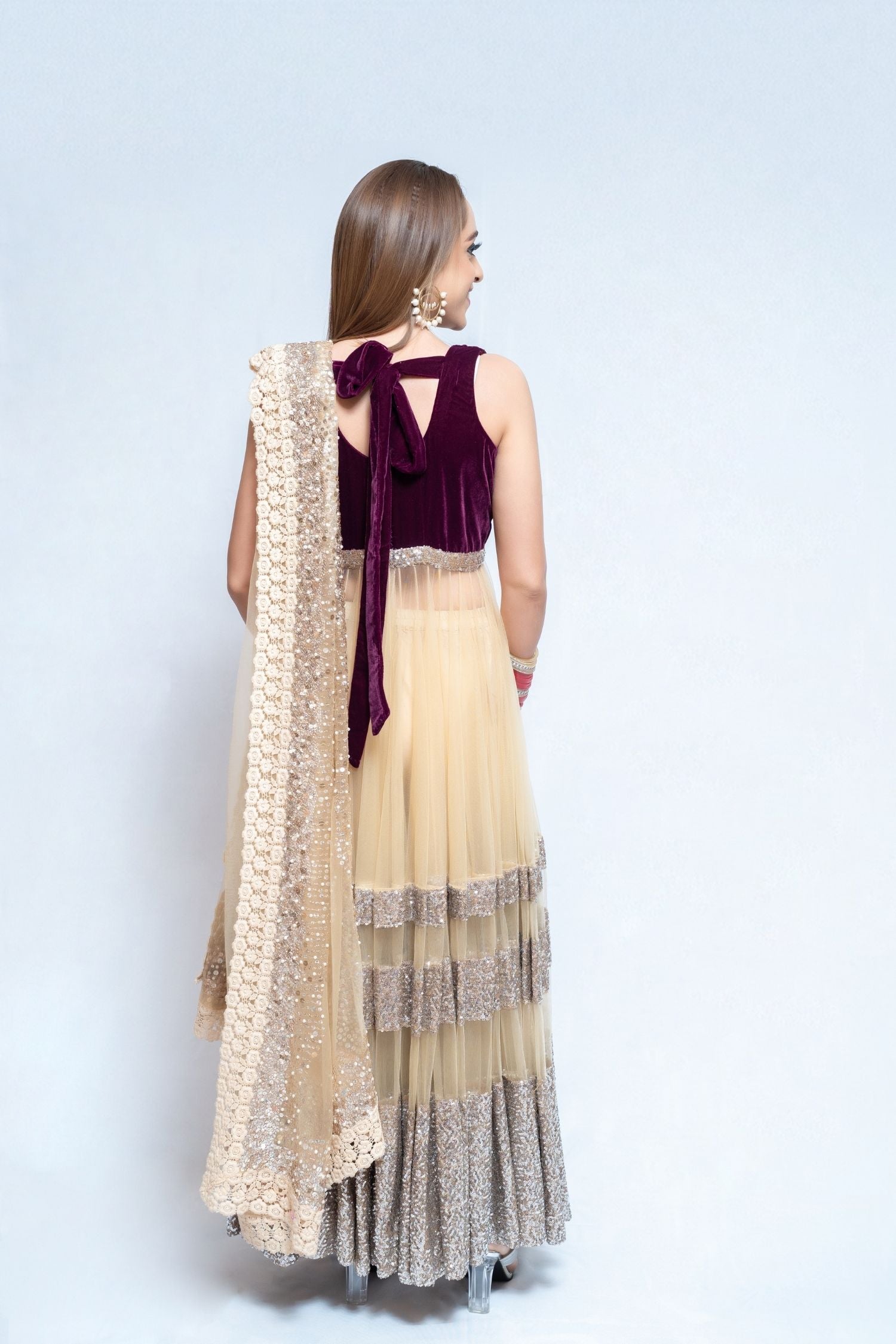 Shimmering Maroon Velvet and Net Anarkali