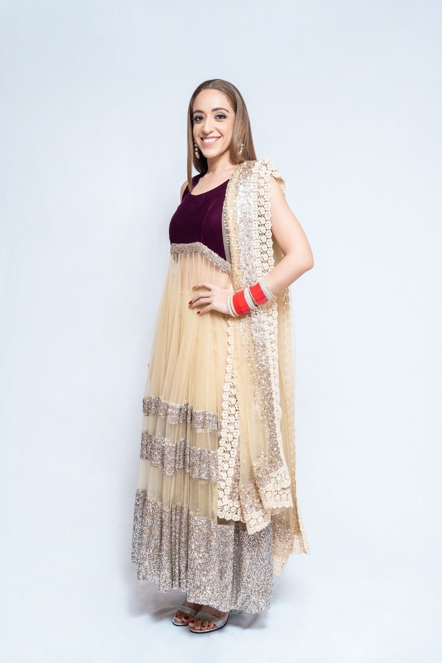 Shimmering Maroon Velvet and Net Anarkali