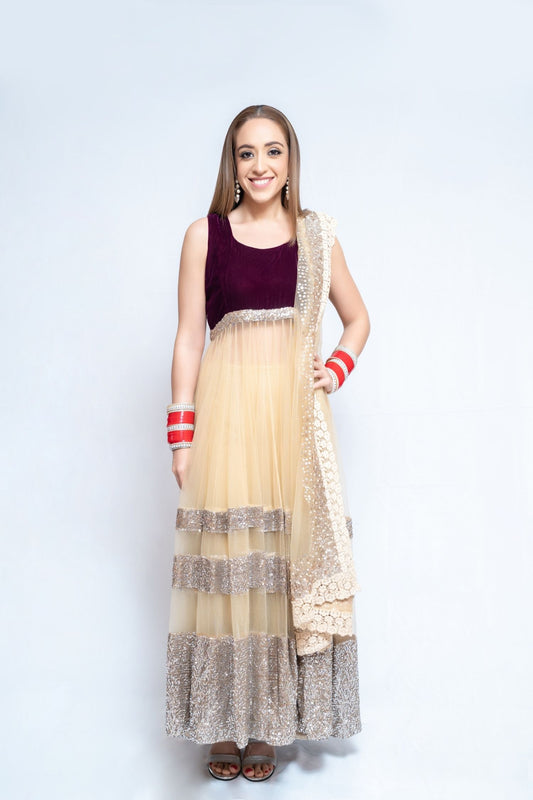 Shimmering Maroon Velvet and Net Anarkali