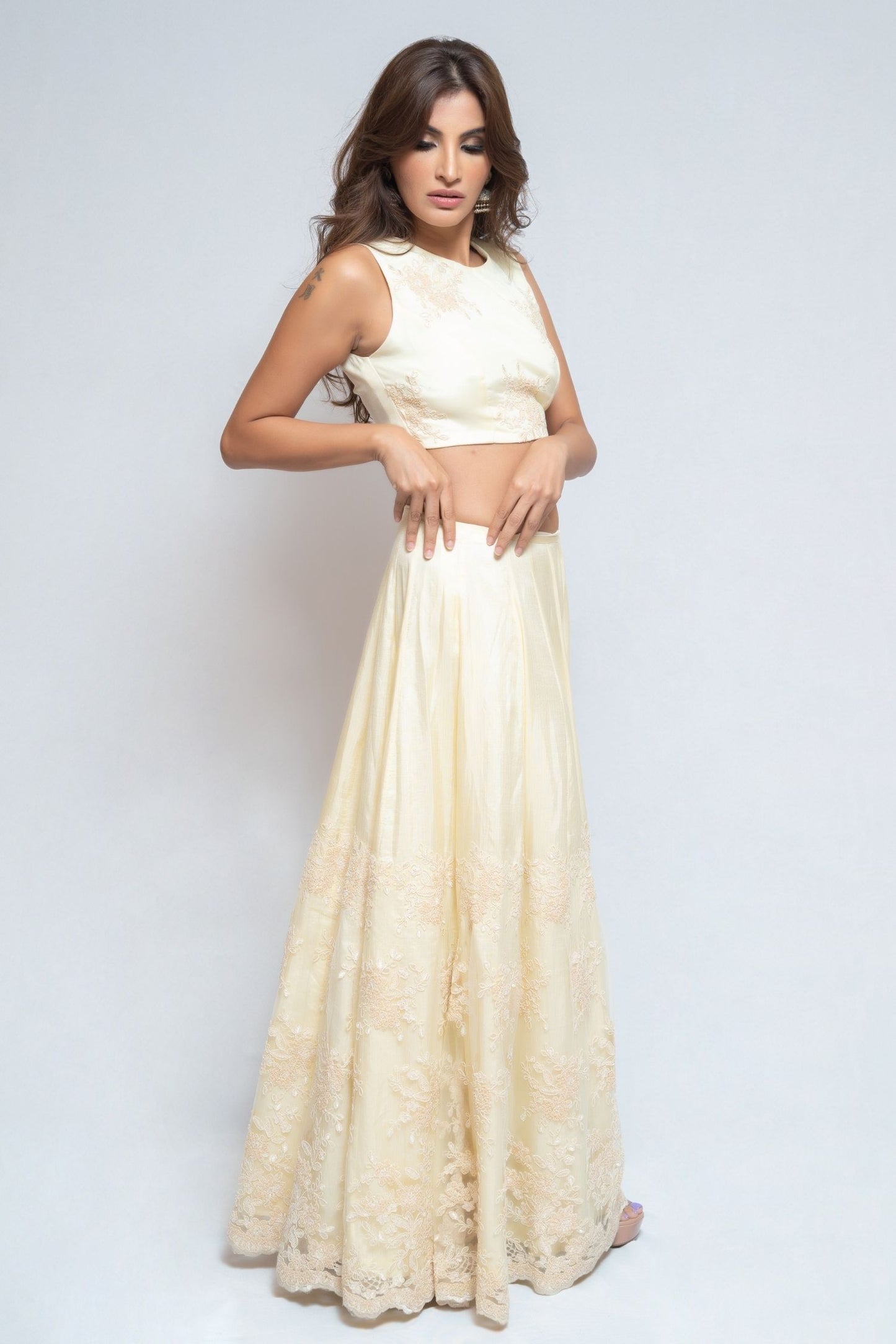White and Cream Thread Embroidery Sharara