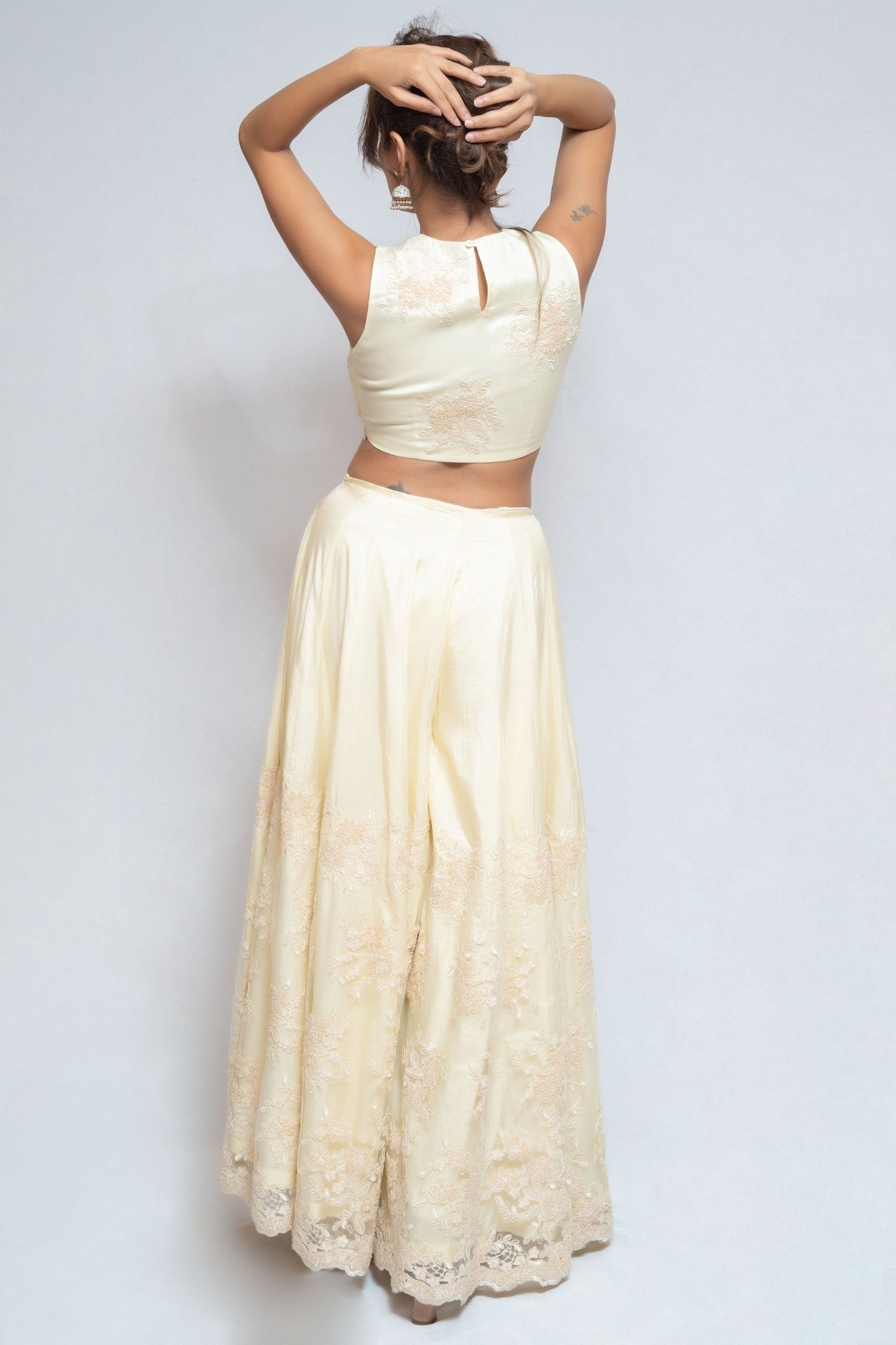 White and Cream Thread Embroidery Sharara