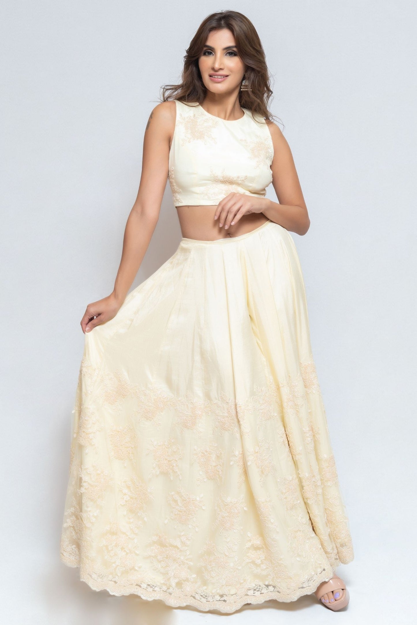 White and Cream Thread Embroidery Sharara