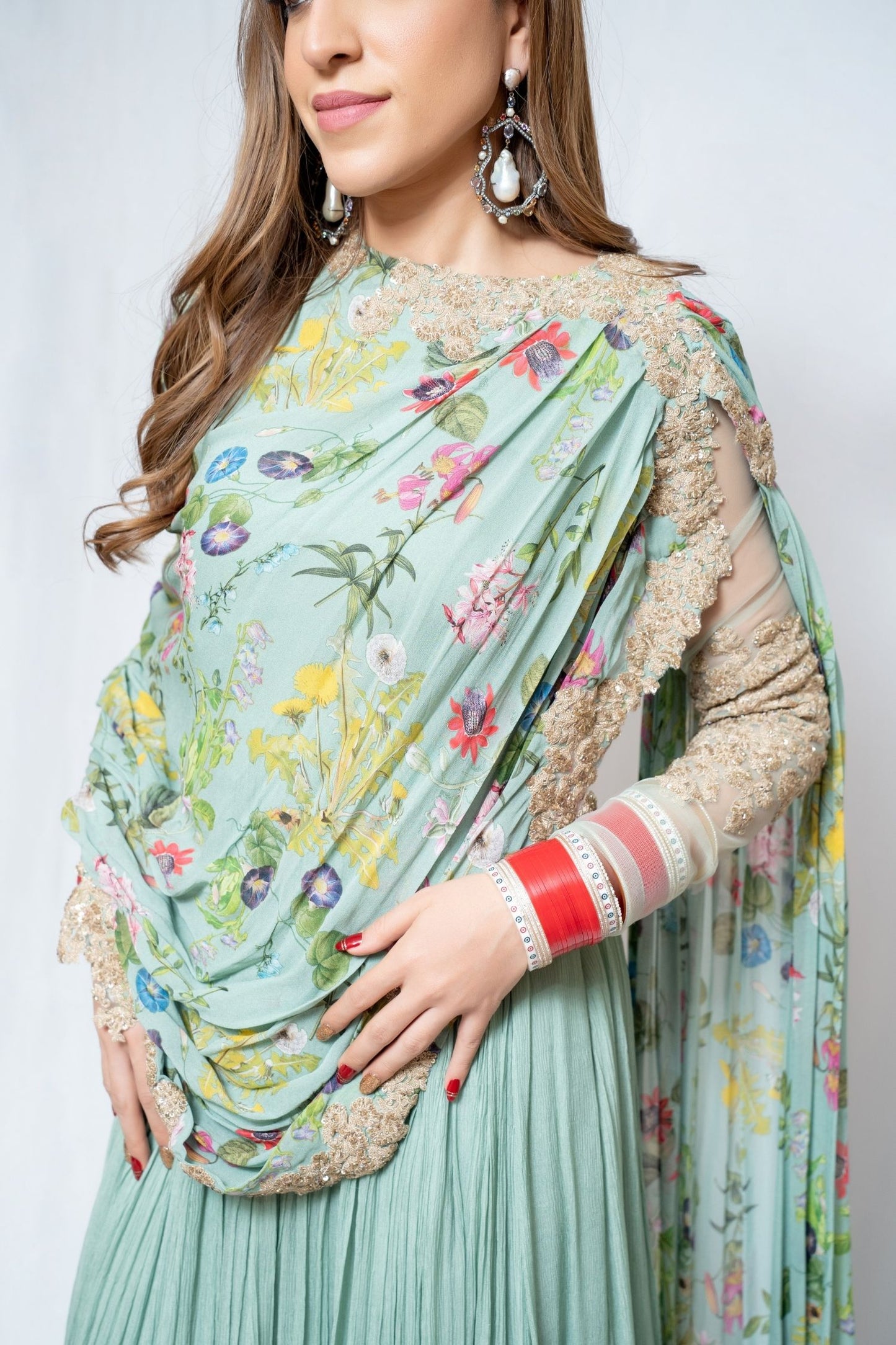 Mint Green Floral Poncho Anarkali Gown
