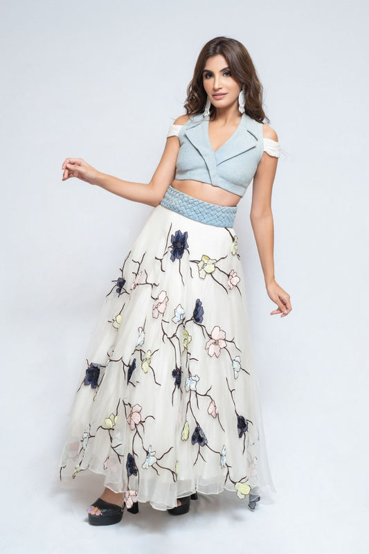 White and Denim Indo Western Lengha