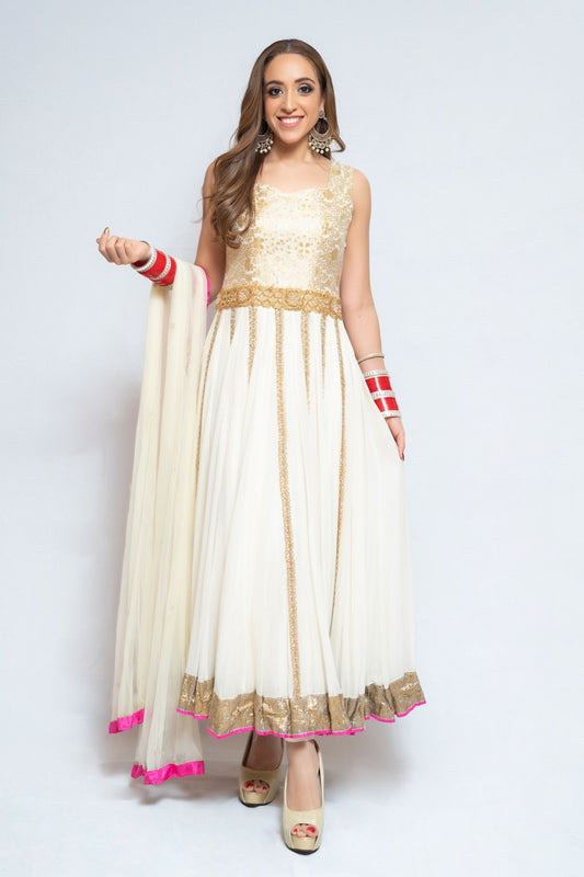 Silk White and Gold Anarkali