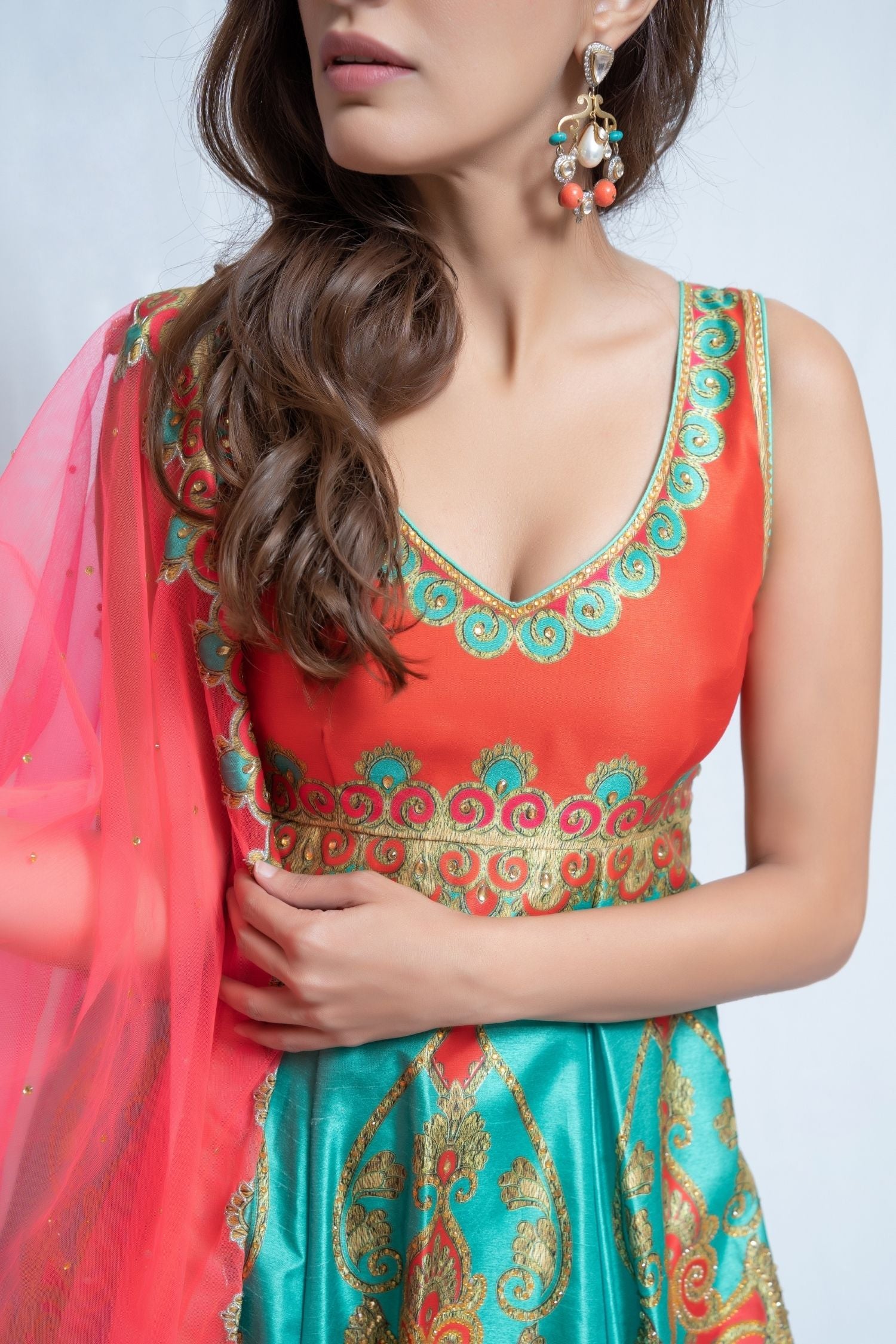 Coral Red and Green Anarkali