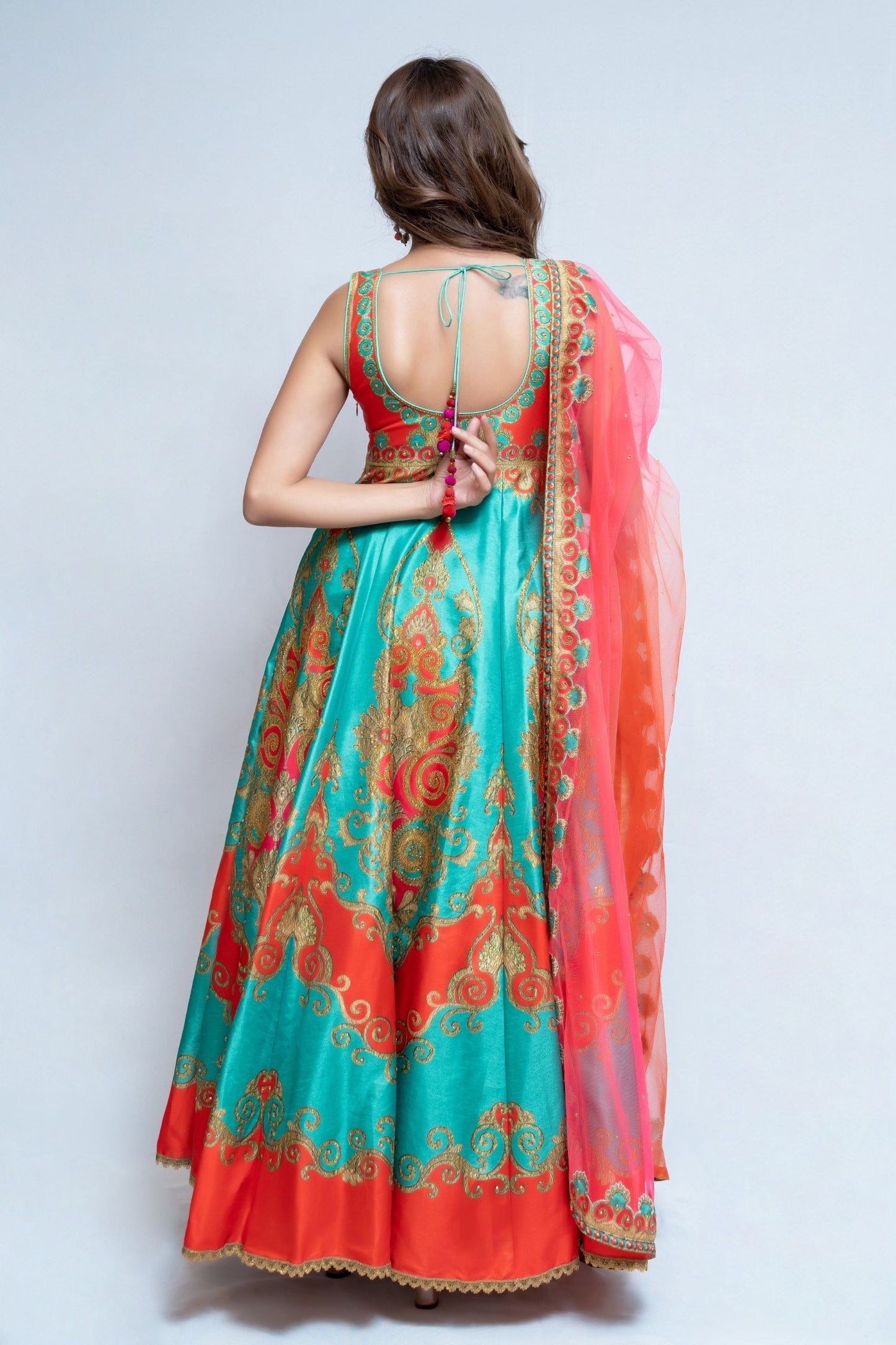 Coral Red and Green Anarkali