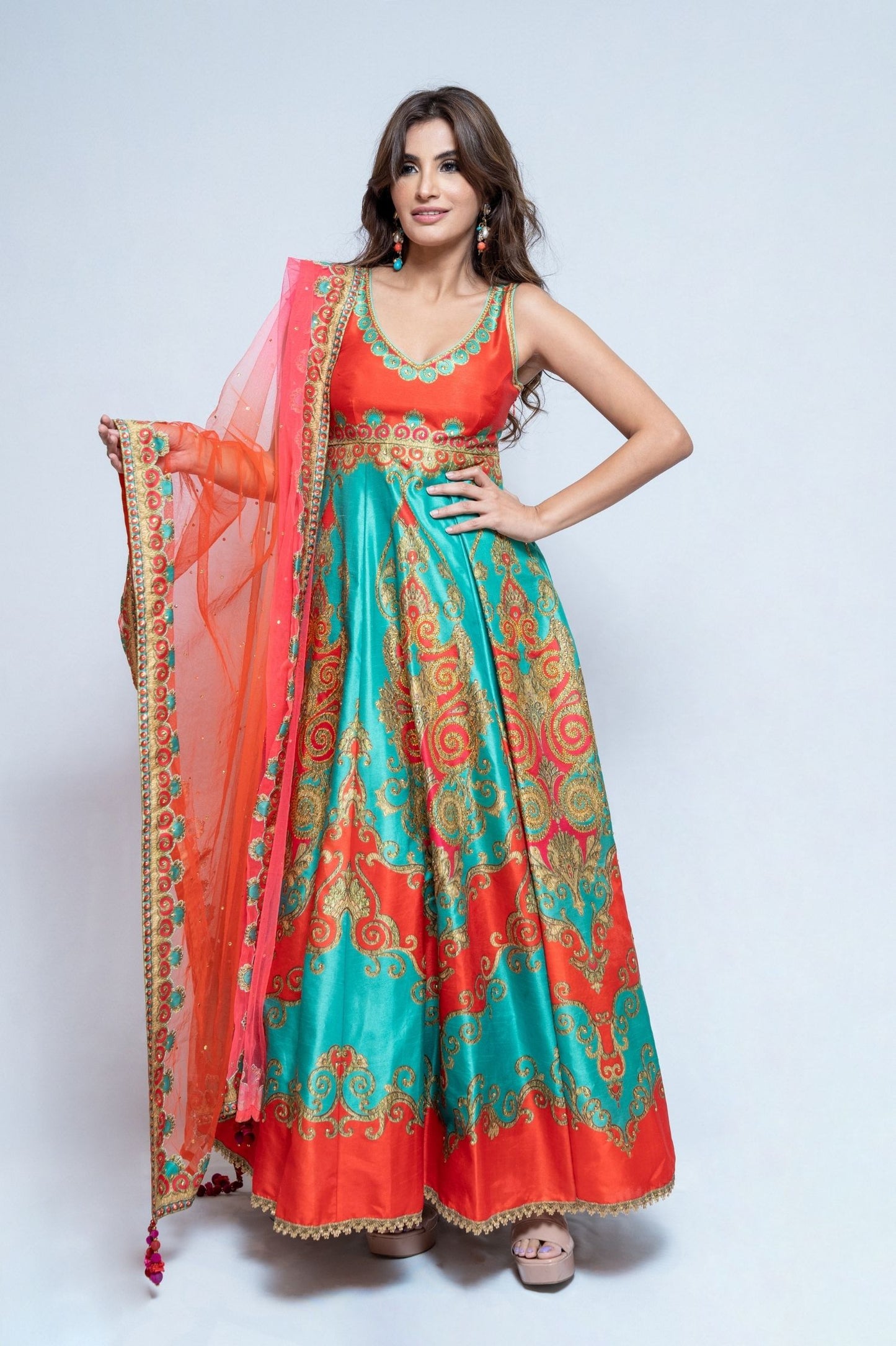 Coral Red and Green Anarkali