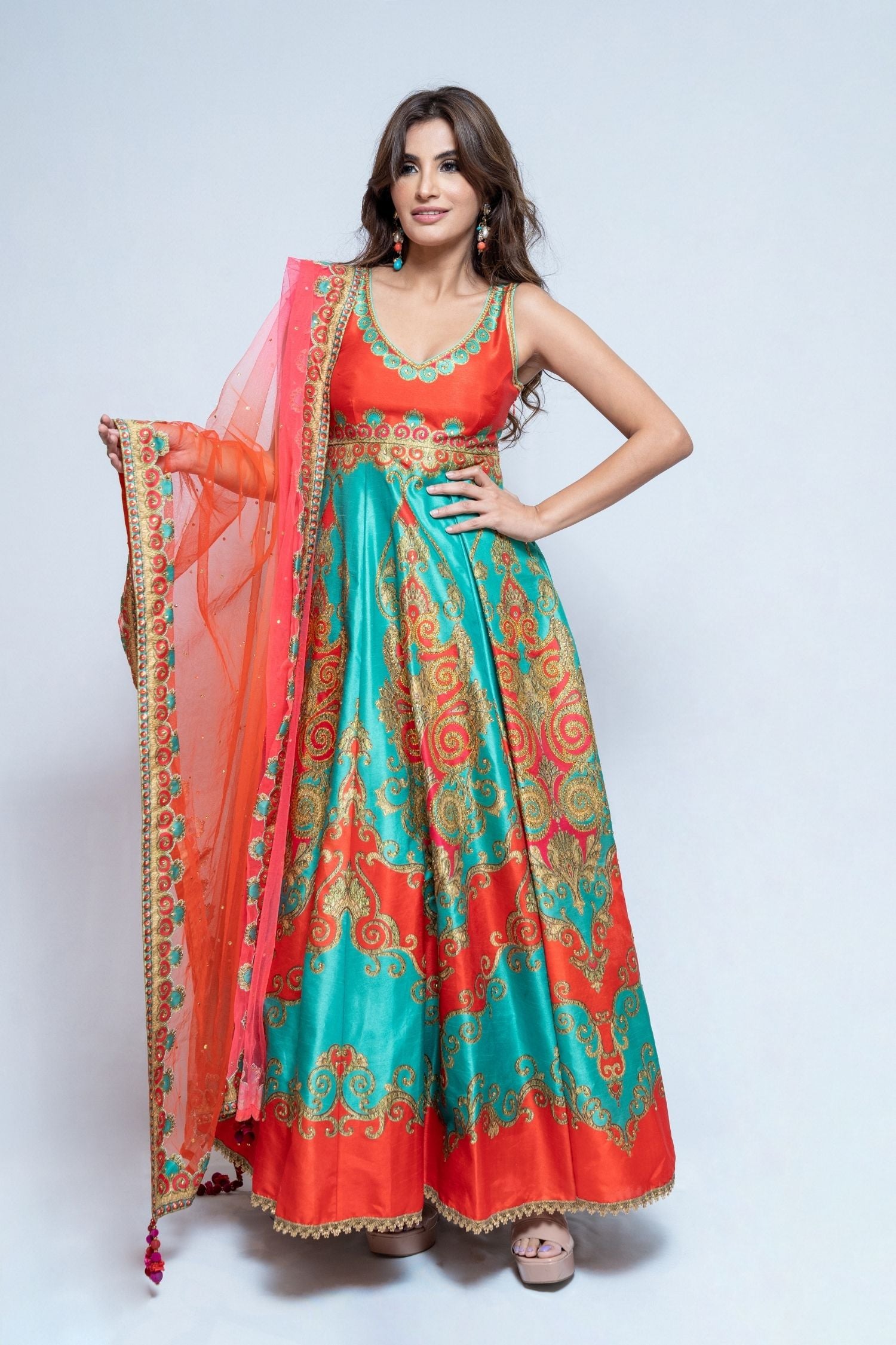 Coral Red and Green Anarkali
