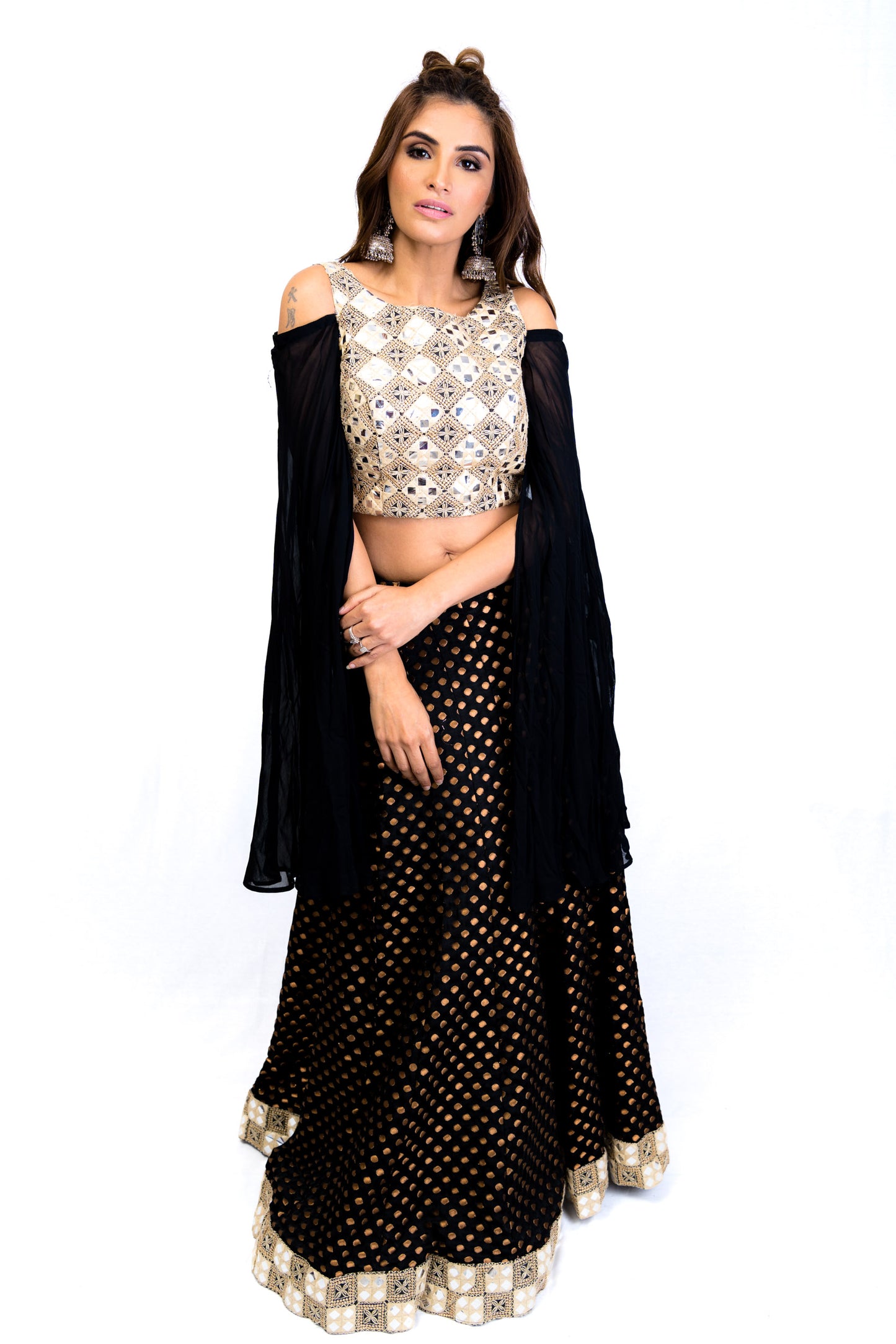 Cold Shoulder Black, Ivory and Gold Lengha