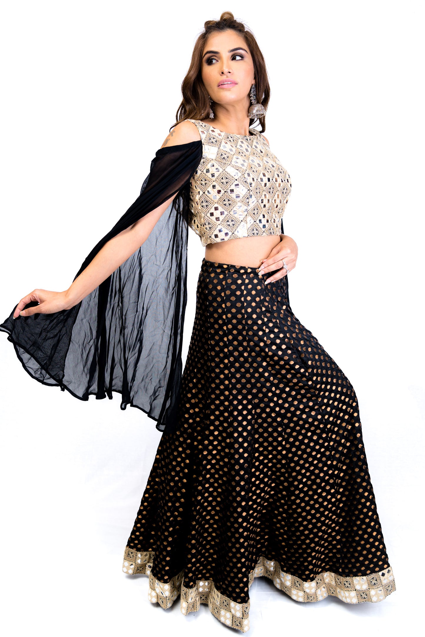 Cold Shoulder Black, Ivory and Gold Lengha