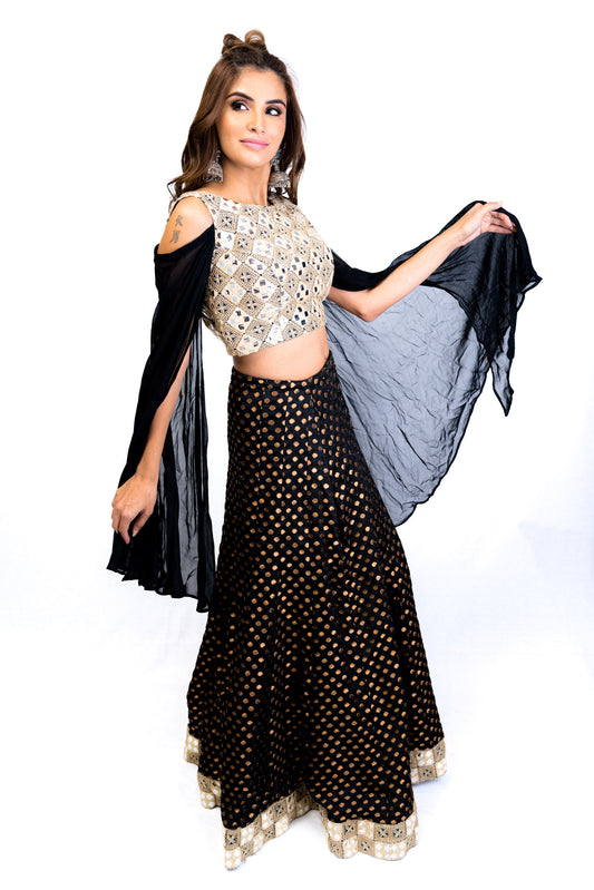 Cold Shoulder Black, Ivory and Gold Lengha