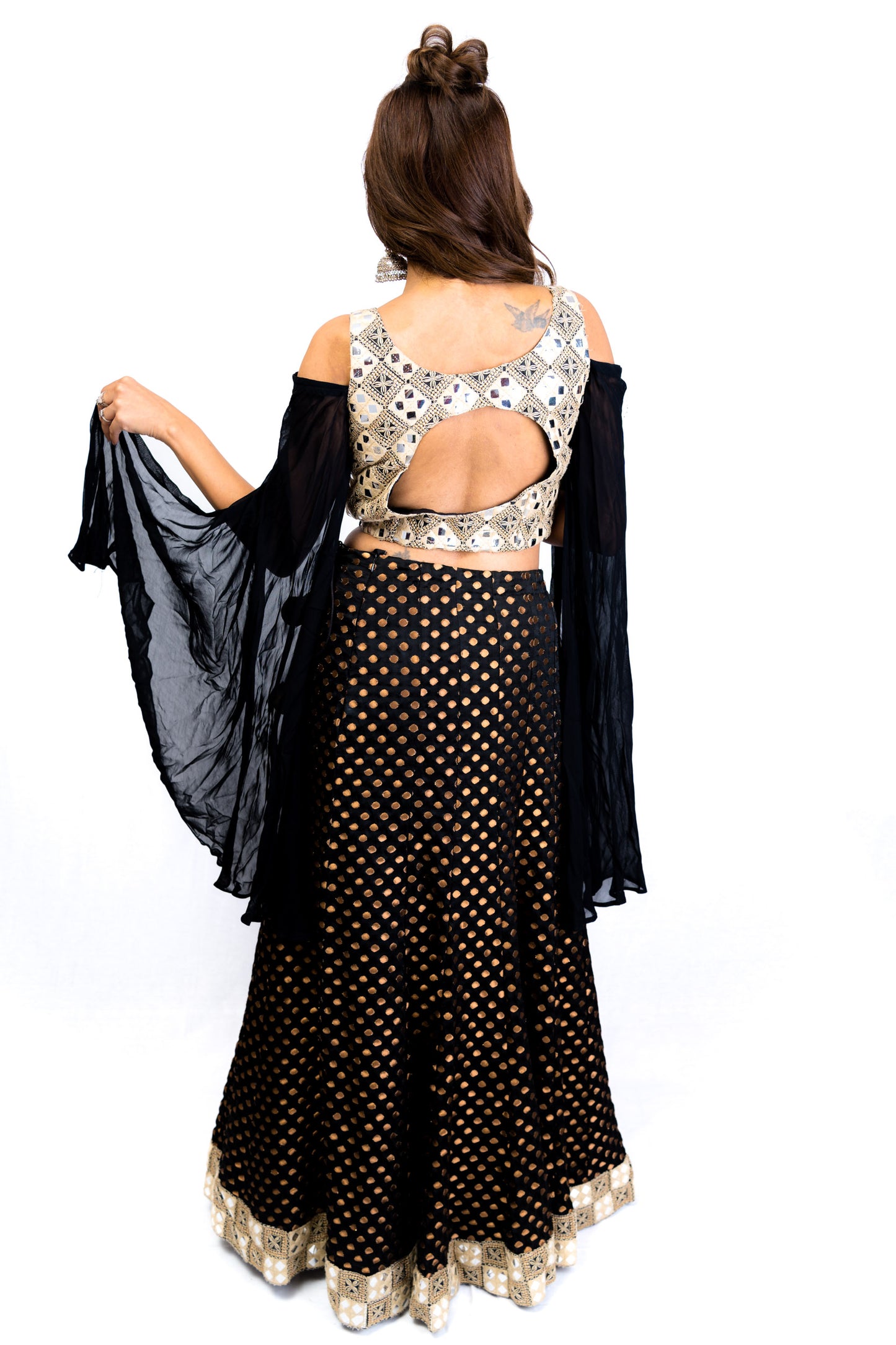 Cold Shoulder Black, Ivory and Gold Lengha