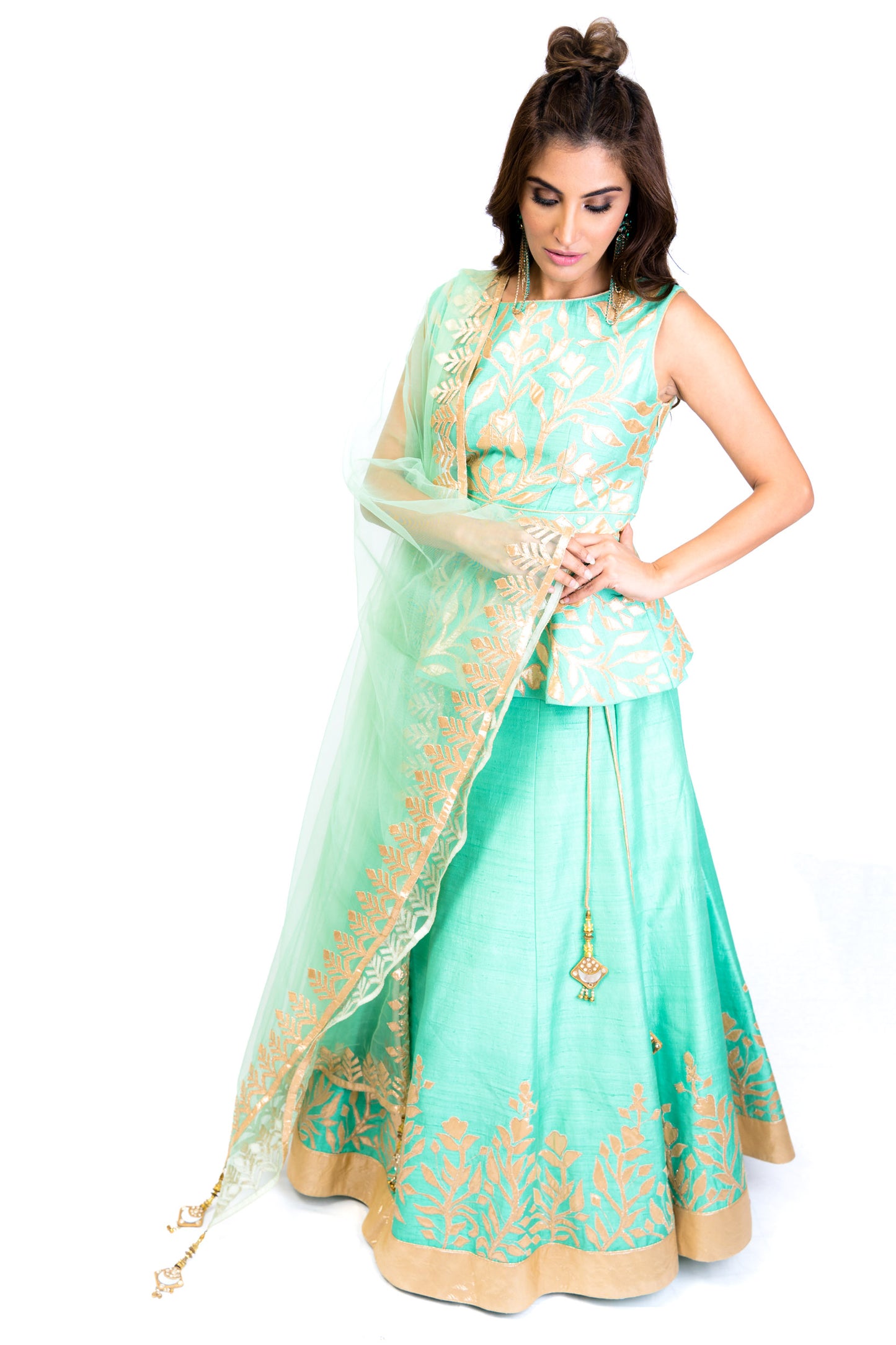 Sea Green and Gold Peplum Lengha