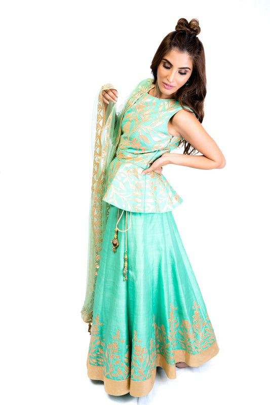 Sea Green and Gold Peplum Lengha