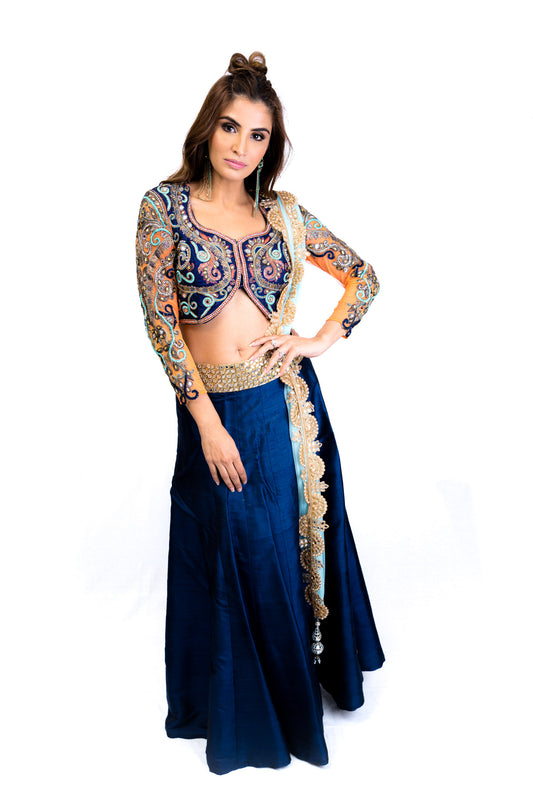 Navy and Orange Lengha