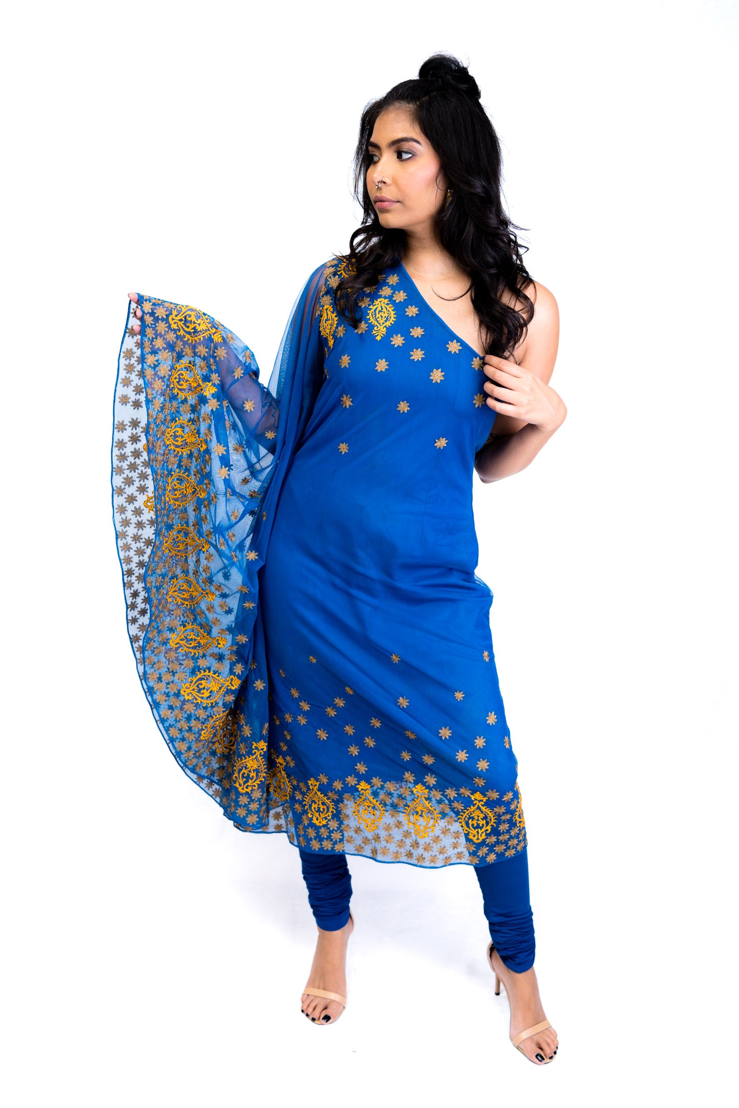 One Shoulder Blue Anarkali