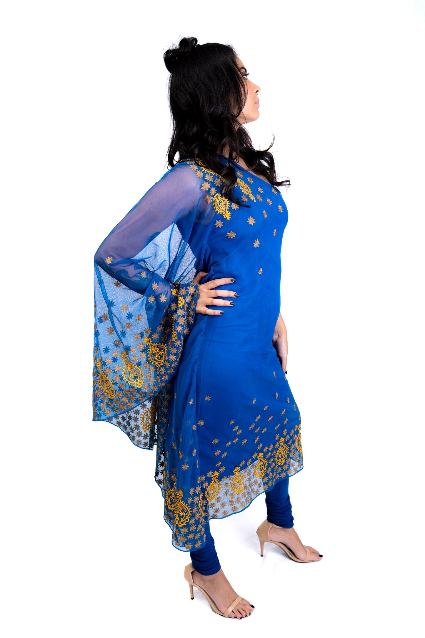 One Shoulder Blue Anarkali