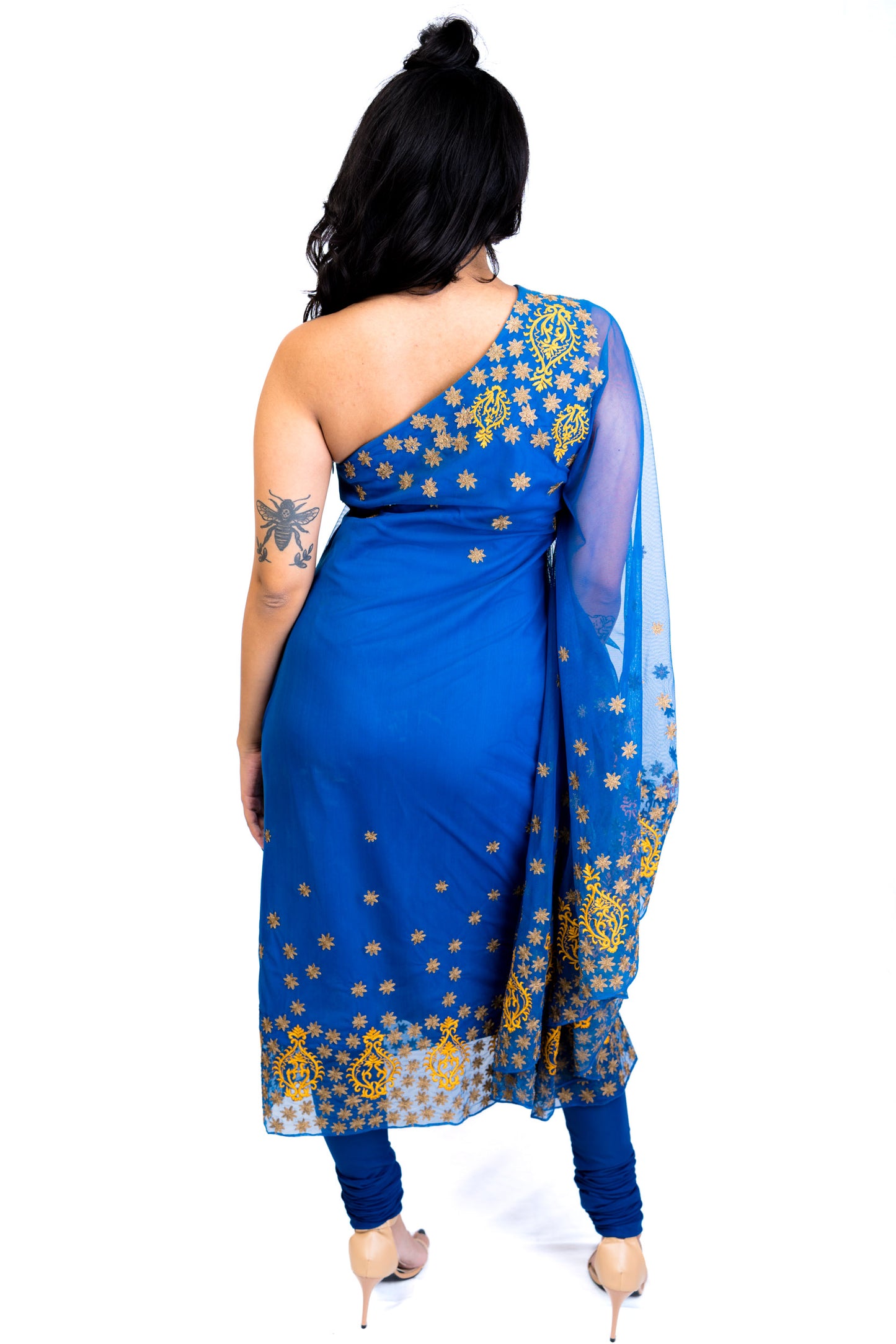 One Shoulder Blue Anarkali