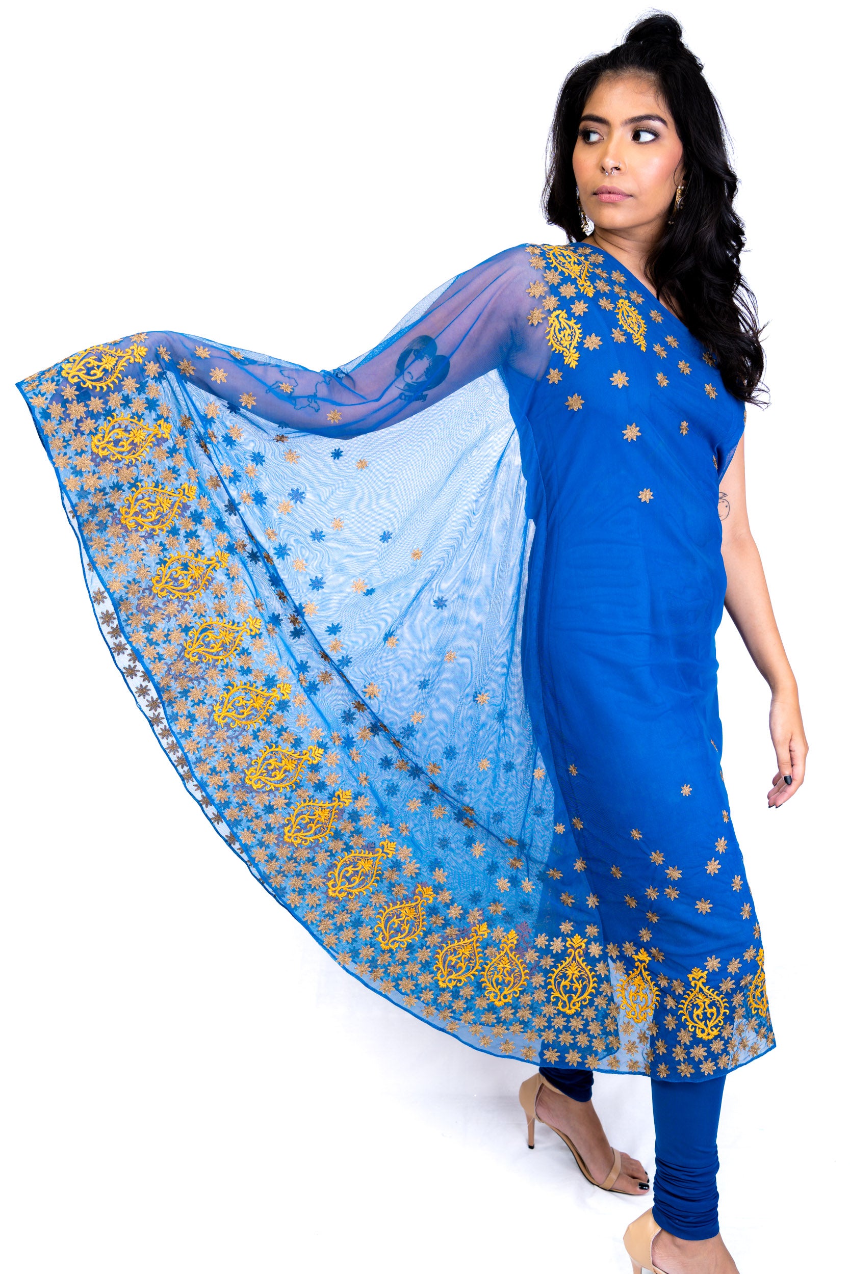 One Shoulder Blue Anarkali