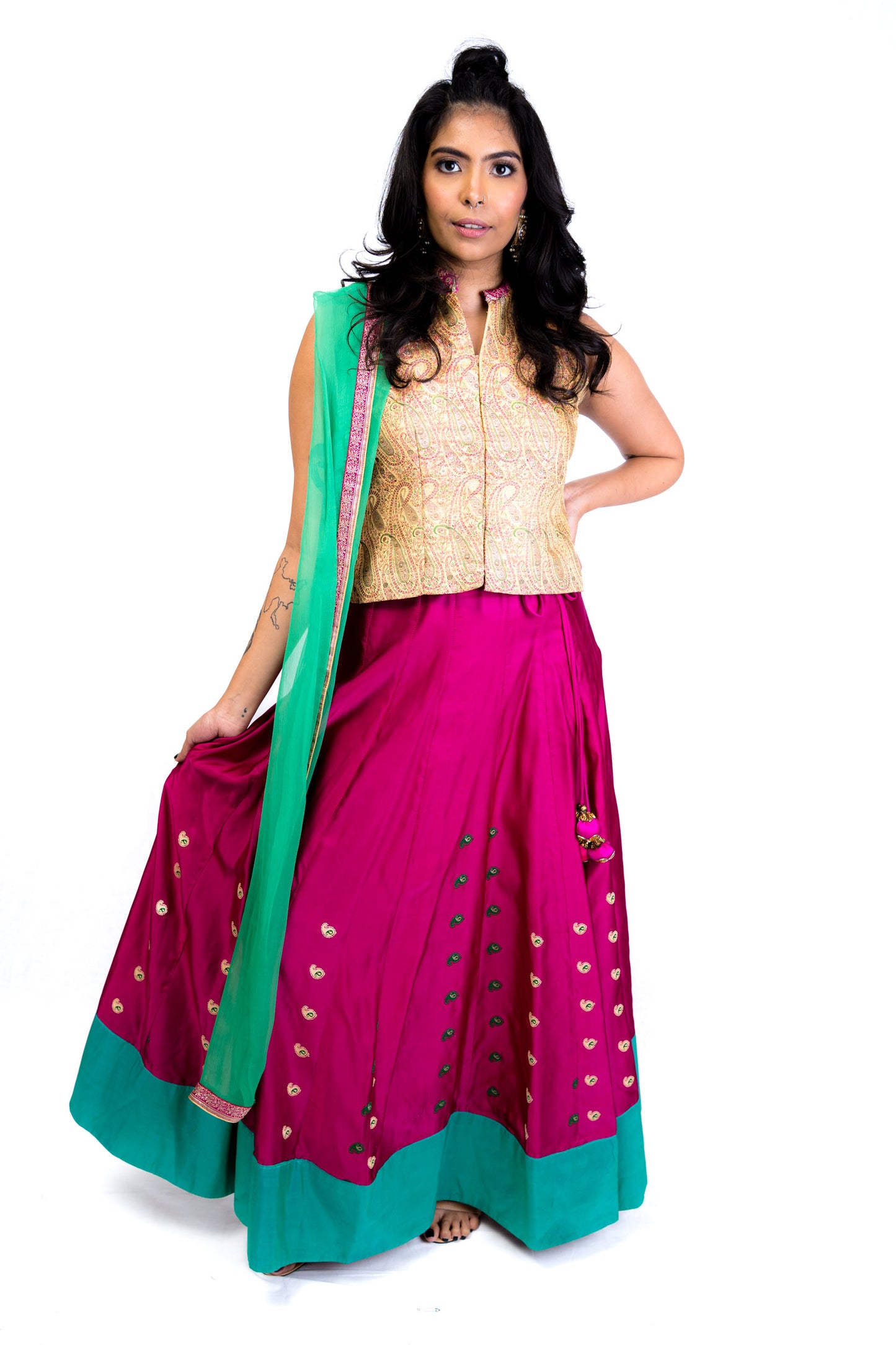 Magenta, Green and Gold Vintage Lengha