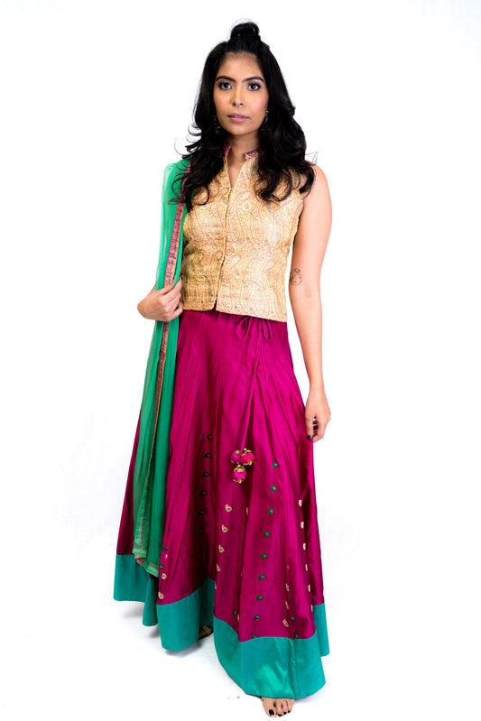 Magenta, Green and Gold Vintage Lengha