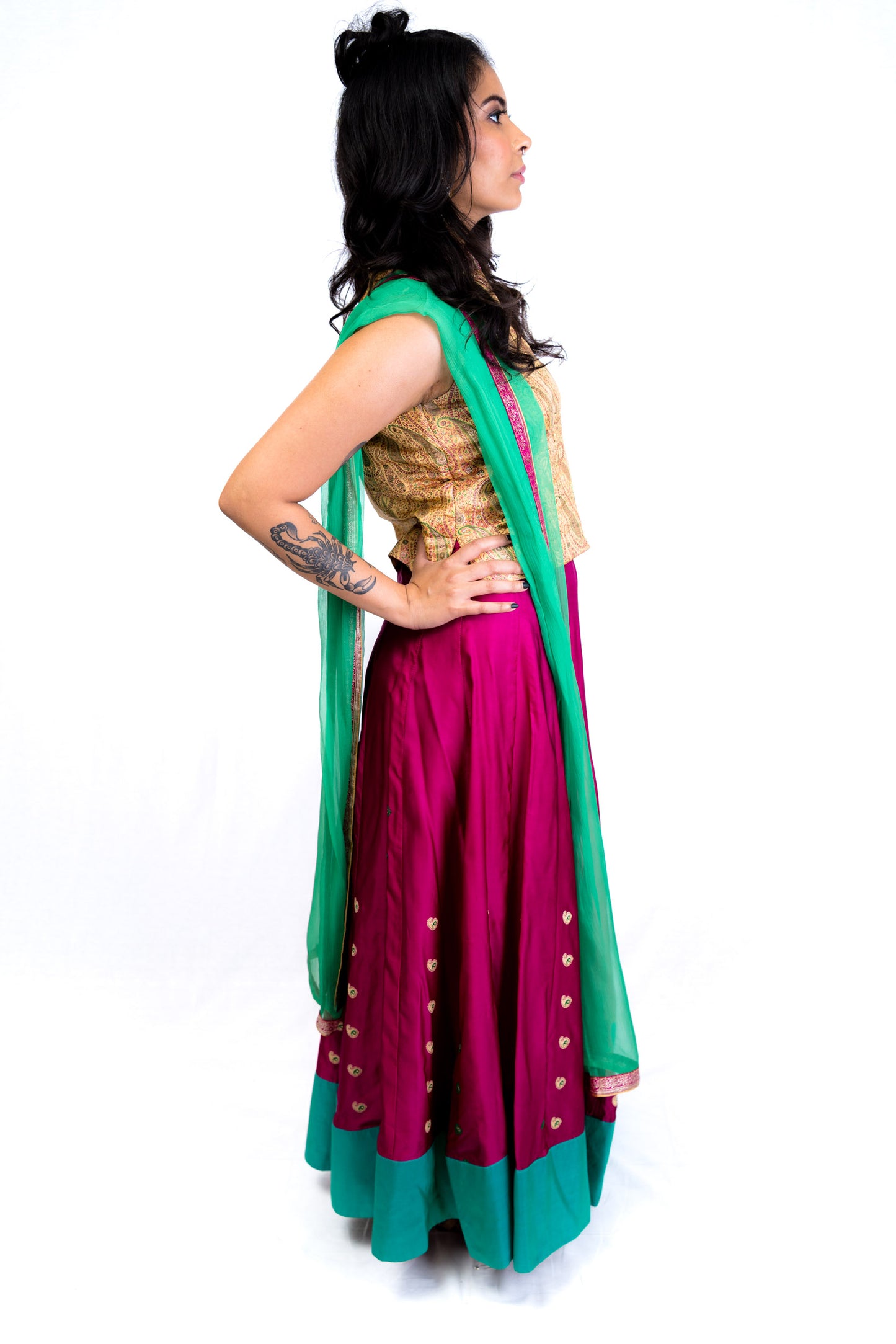 Magenta, Green and Gold Vintage Lengha