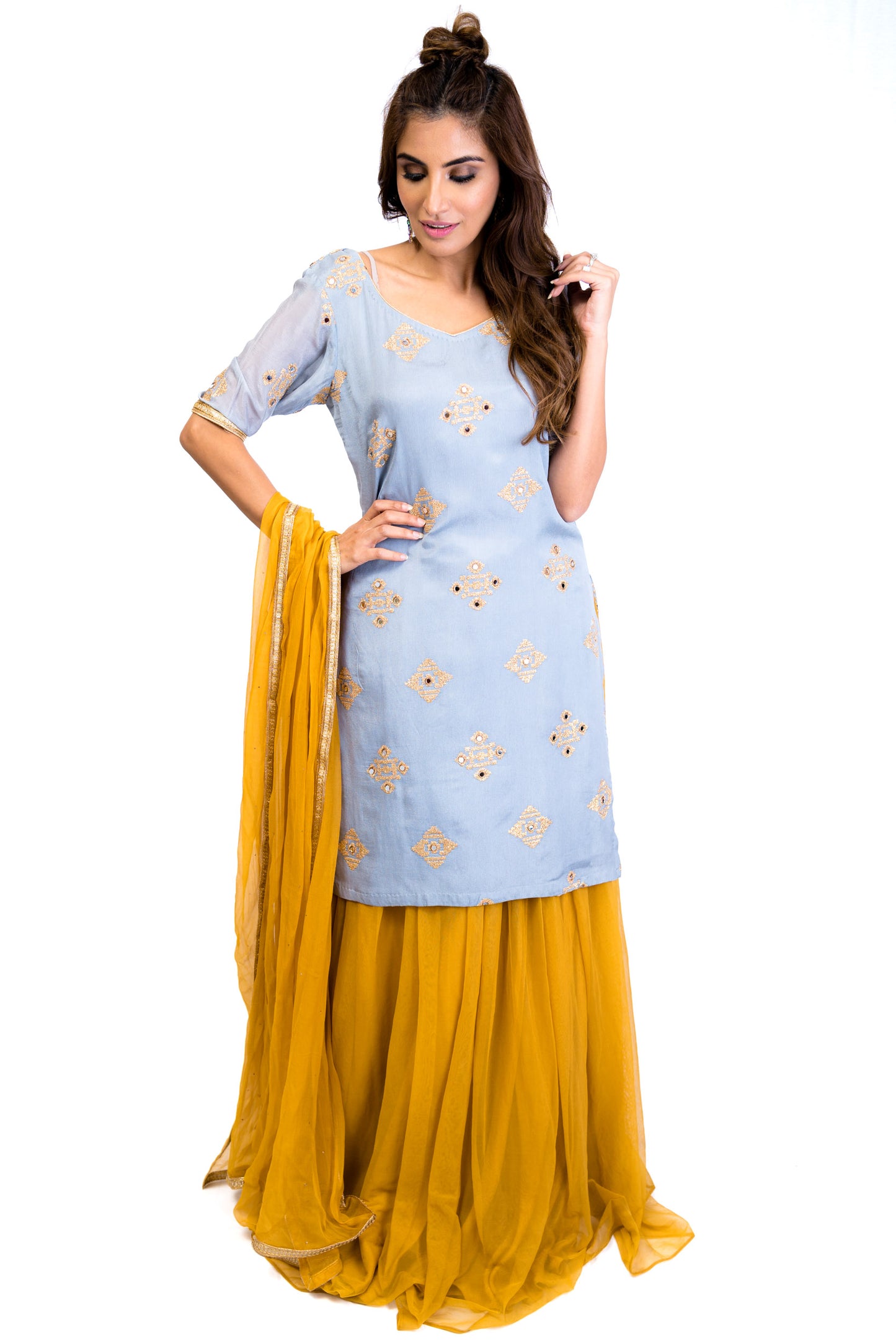 Pastel Blue and Mustard Lengha