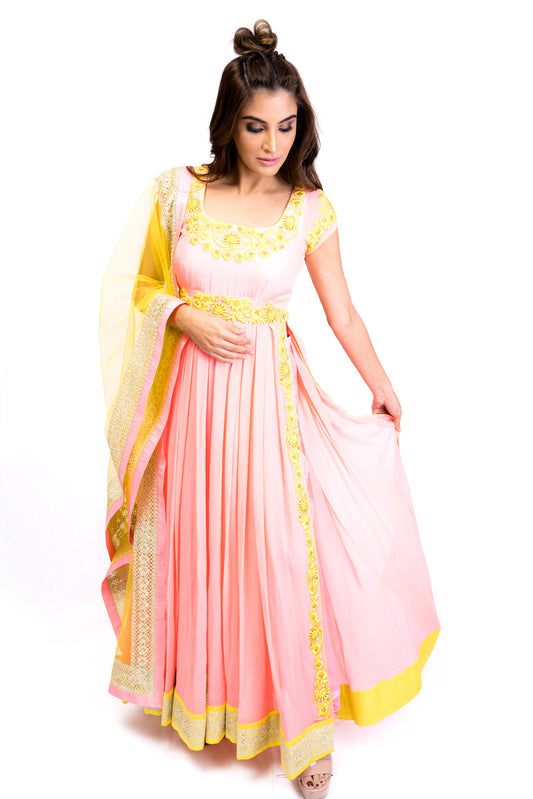 Pink and Yellow Floral Anarkali